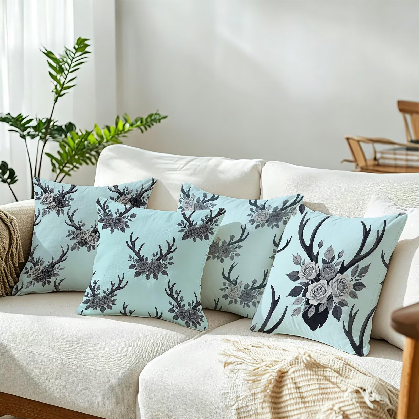 Blu Federe Cuscini Divano 60x60cm, Cuscini da Esterno Set de 4, Cod-99 | Velour Copricuscini Decorativi Letto Arredo, per Letto, Soggiorno, Giardino, Esterno, Casa Decorazione Set di 4 Fiore