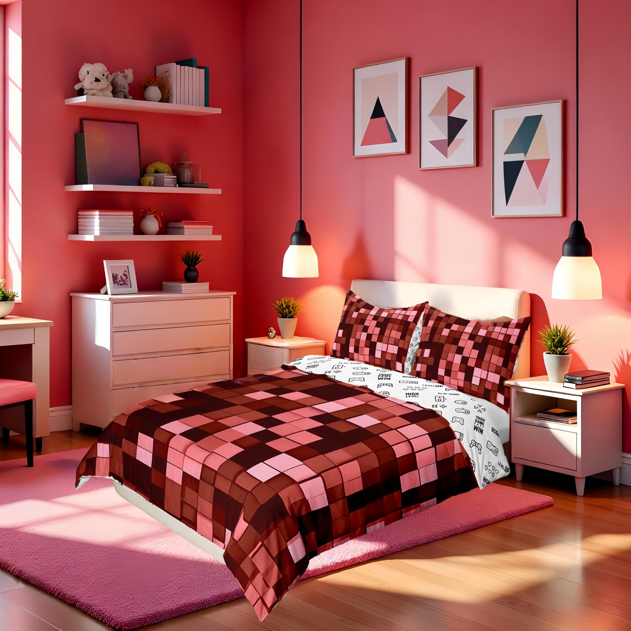 Manfei Miners Pixel Checked Girls Bedding Set Single Size, Video Games Check Lattice Duvet Cover Set，Gamer Cartoon Gamepad Quilt Cover(No Comforter),Dark Red Room Decor,1 Pillowcase