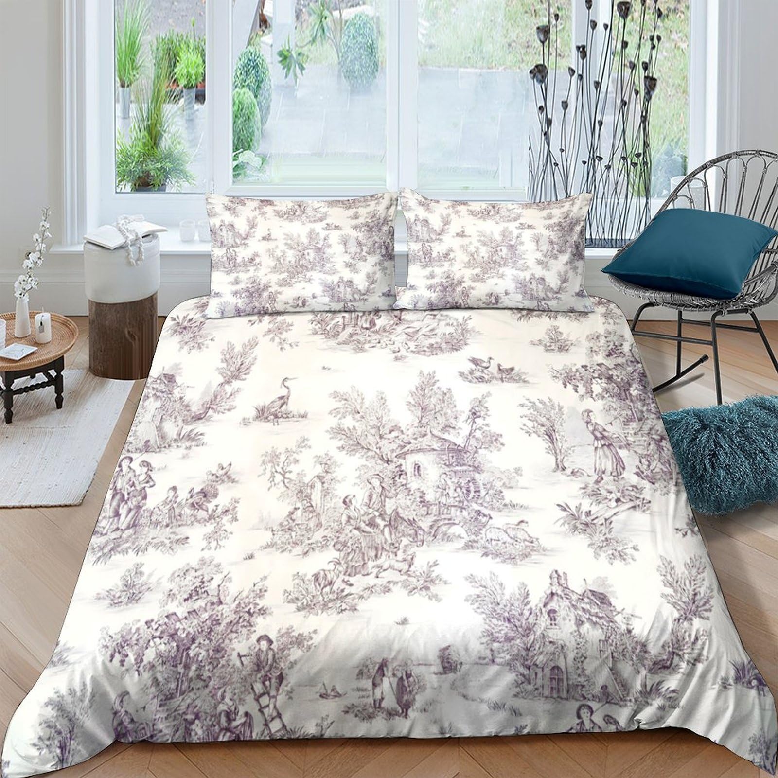Ctjqhvkz Style-8 3D Printed Pastoral Forest Fitted Sheet Microfiber Soft Breathable Vintage Toile Mattress Cover Bedroom Decor Single（135X200cm）