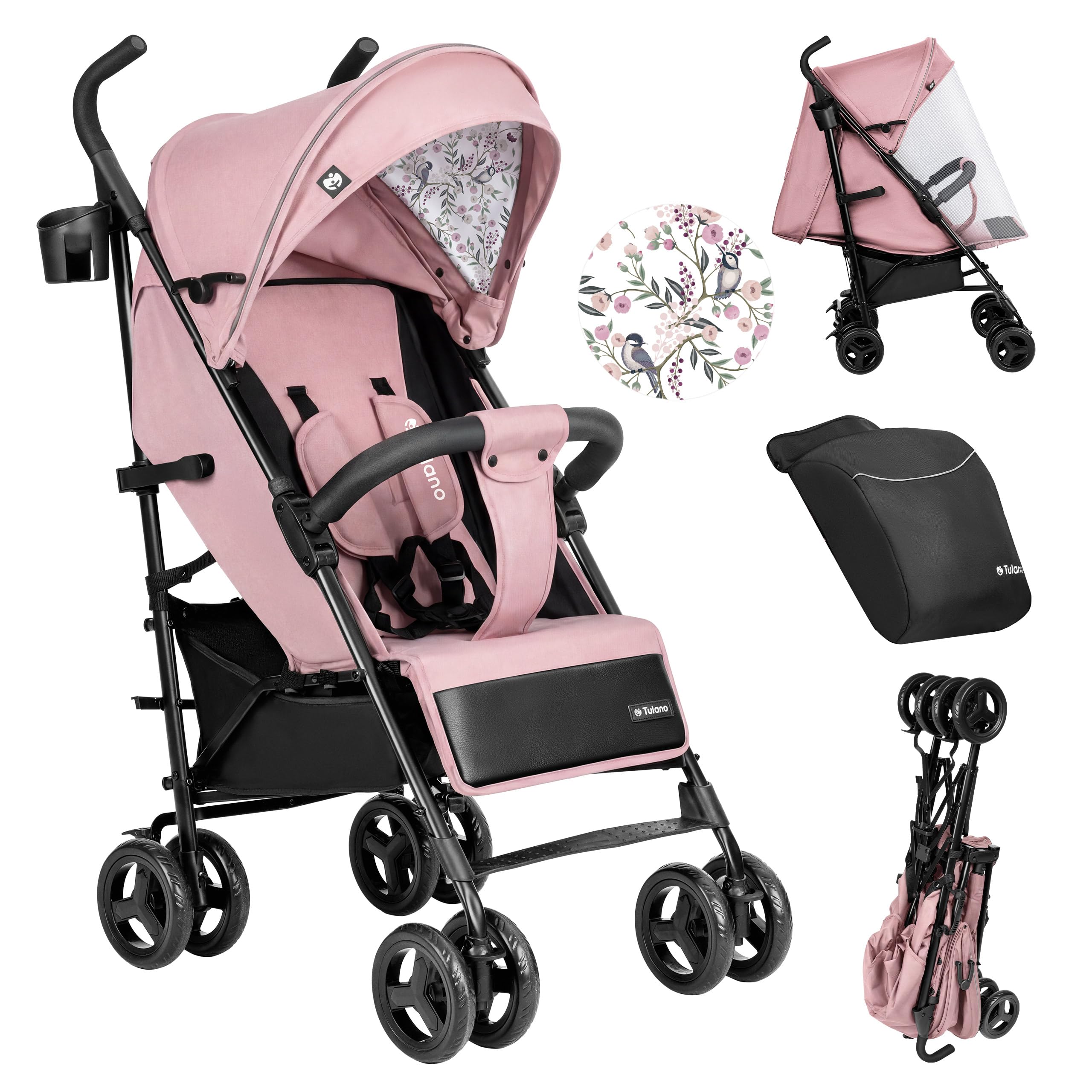 TULANO Davos 35 Poussette Canne Légère et Pliable – Poussette Citadine jusqu'à 22 kg (4 ans) – Dossier Inclinable avec Canopy XXL et Chancelière – Tissu Imperméable – Rose