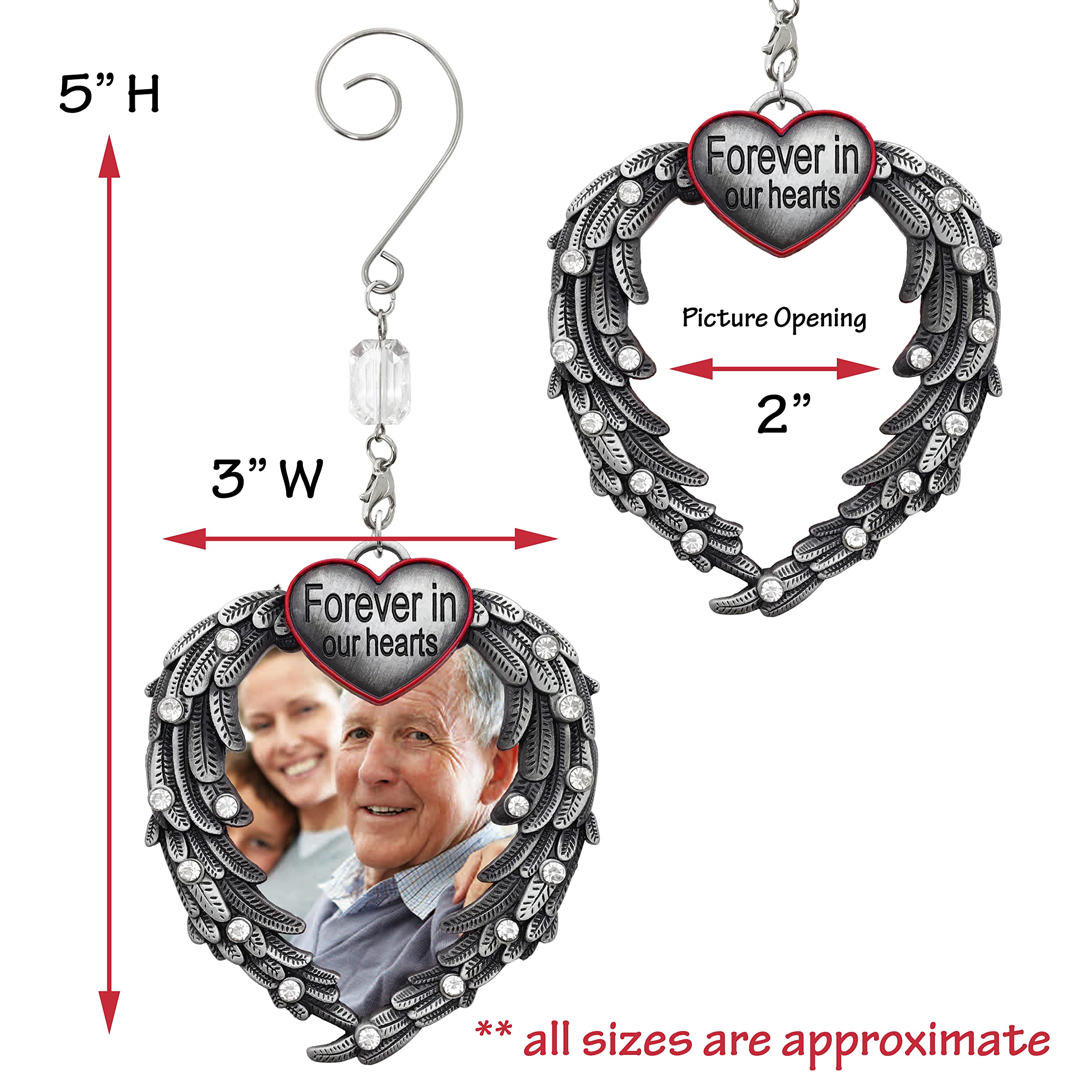 Christmas Memorial Photo Ornaments - Forever in Our Hearts - Silver Heart Shaped Angel Wings - Hanging Memorial Ornament - in Memory Christmas Ornament - 6 Pack - Measures 3.5