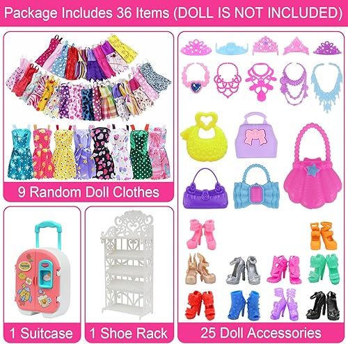 Miniatura 2 de 36 piezas de ropa y accesorios para muñecas de 11.5 pulgadas, incluyendo maleta, zapatos, perchero, bolso, vestidos de moda, vestidos deslizantes,