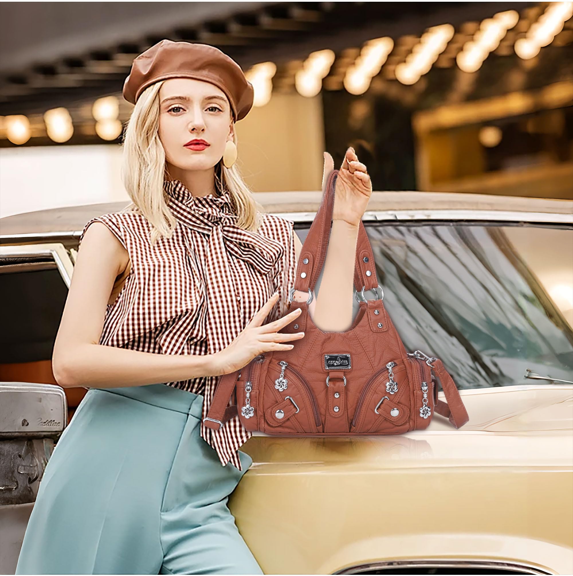 Angel Kiss Purses for Women Small Hobo Shoulder Bags Vagen Leather Multi-Pocket Tote Bag with Zipper: Brown 2