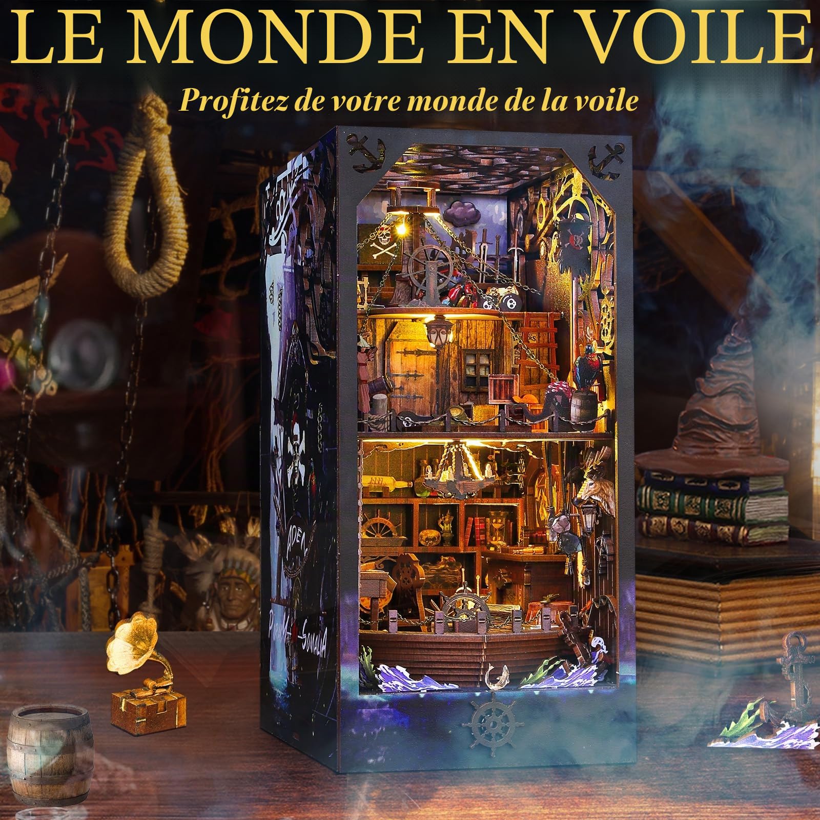 BuzzoXerex DIY Book Nook Kit, Miniatures Nook Bateau Pirate Miniatur Haus Selber Bauen Miniatur Haus Selber Bauen avec Lampes LED, Maquette en Bois a Construire avec Meublé (Aden)