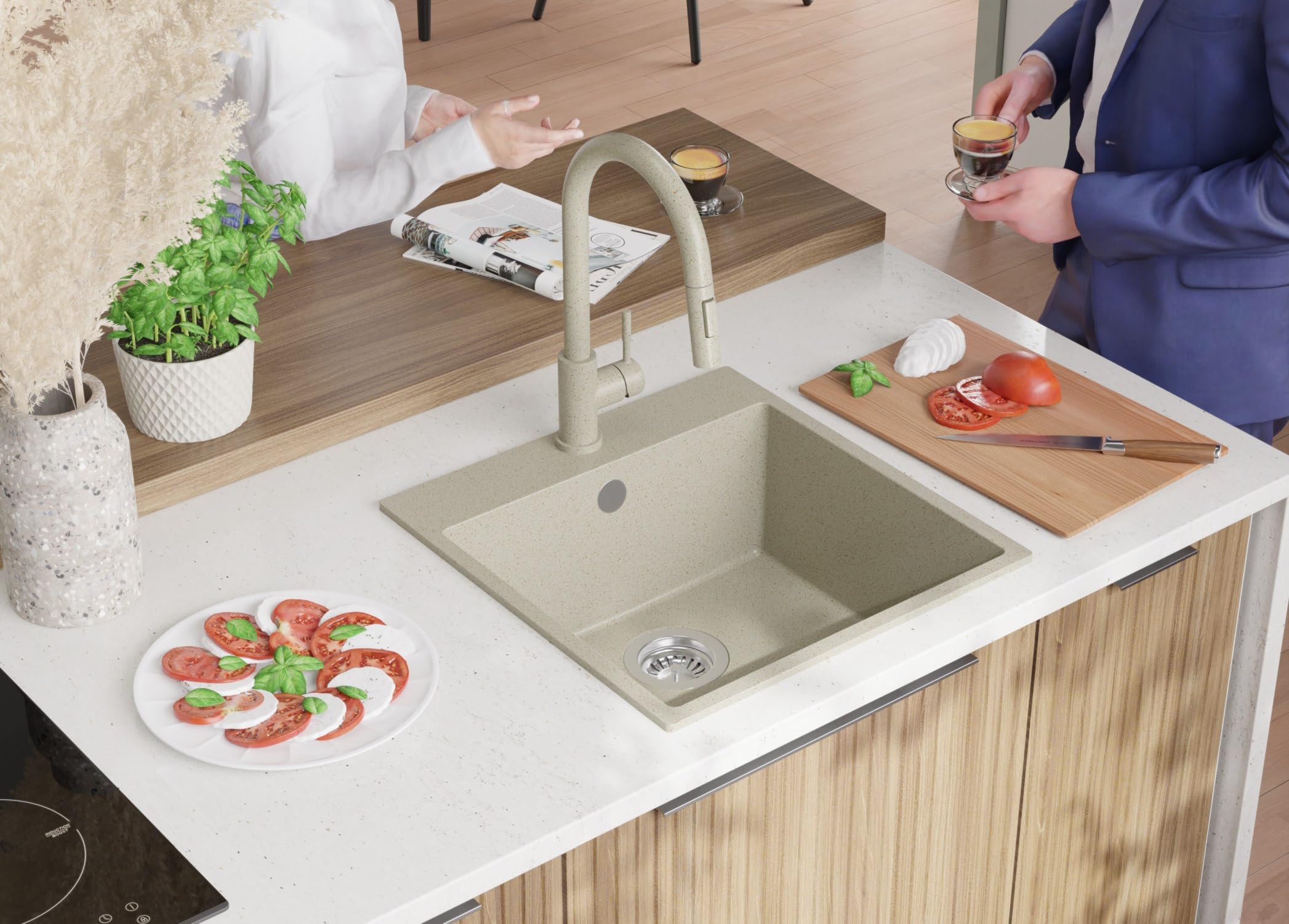 PRIMAGRAN Fregadero Cocina Beige - Riga, 48x50cm | Granito 1 Seno + Sifón, sobre Encimera al Mueble 50cm (S220)