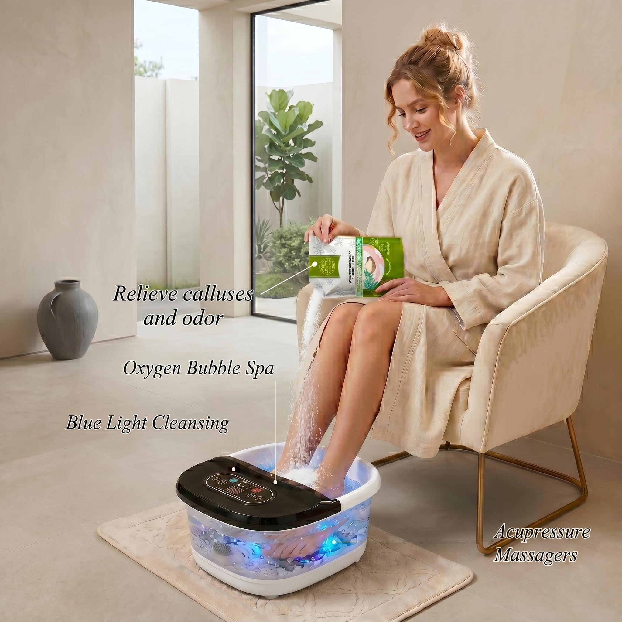 RIGHTMELL Spa per piedi con ozono e luce blu, massaggio a bolle e 8 rulli, temperatura costante regolabile (35 ° C-47,8 °C), massaggiatore per piedi di grande capacità con sale Epsom, per rilassarsi a