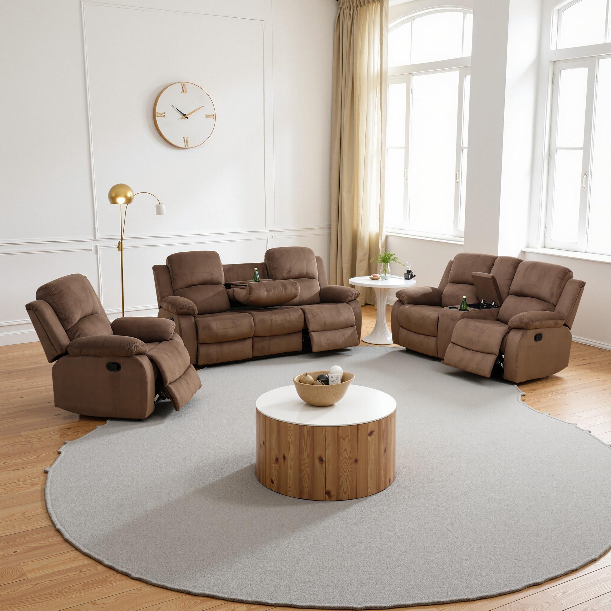 Recliner Sofa Set Living Room Furniture, Corduroy Fabric Reclining Sofa Set, Recliner Couch Set with Cup Holders and Storage Console (3 Pieces Living Room Furniture Set, Brown)