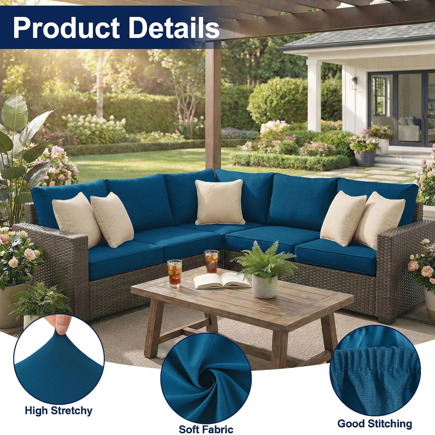 Smiry Waterproof Patio Cushion Covers, Stretch Outdoor Couch Slipcovers Replacement Washable Furniture Protector Sofa Chair Seat Cover for Dogs and Pets (8 Pcs, Peacock Blue)