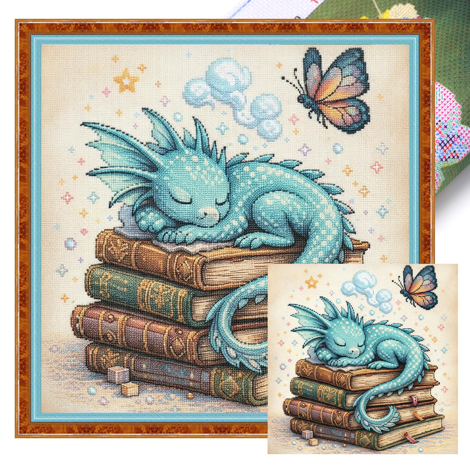 Books and Dragons Full 14CT 2 Strands DIY Stamped Cross Stitch Kits for Beginners Adults Home Wall Decor Cross Stitch Art and Crafts Kits 40x40cm