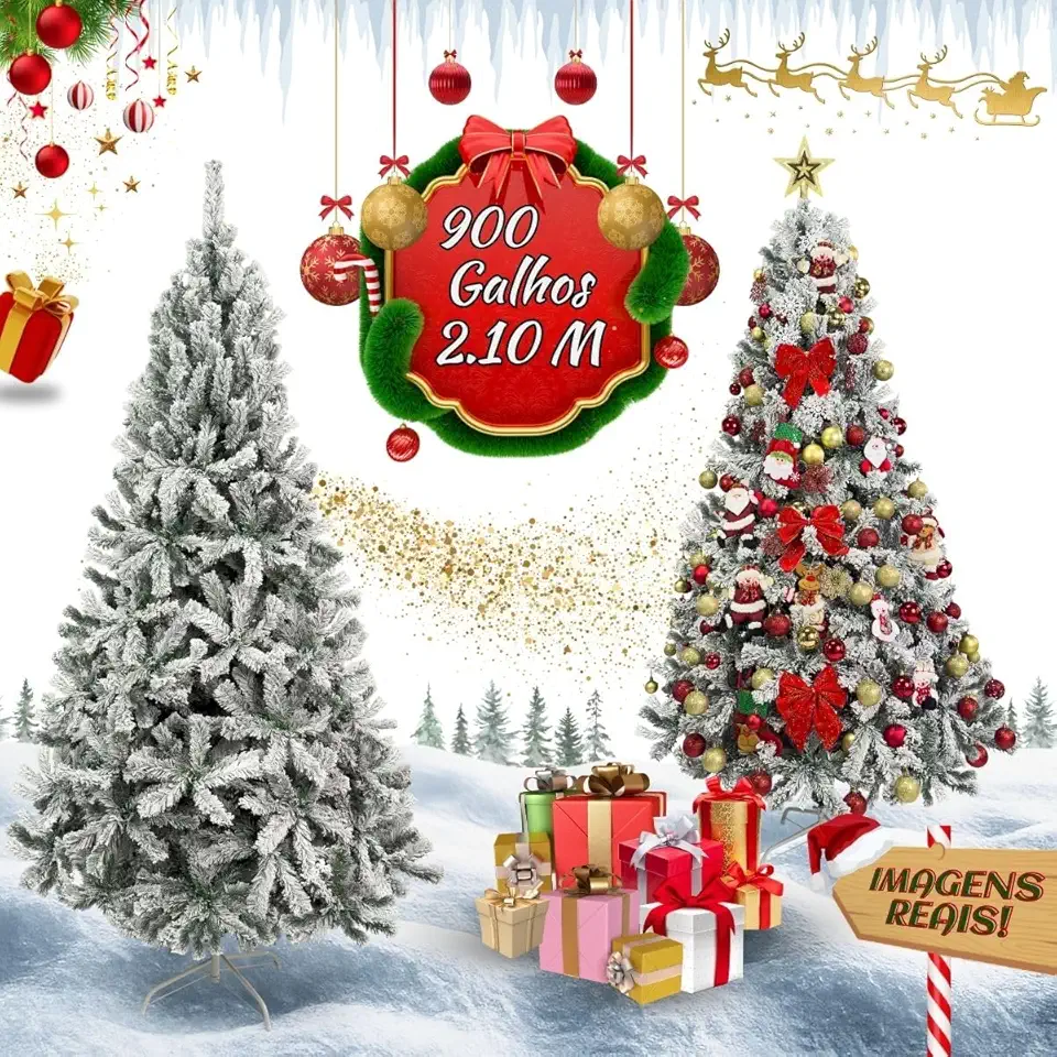 Árvore De Natal Pinheiro Nevada 2,10m 900 Galhos Premium Tradicional Grande Branca Cheia Neve Luxo Luvinco