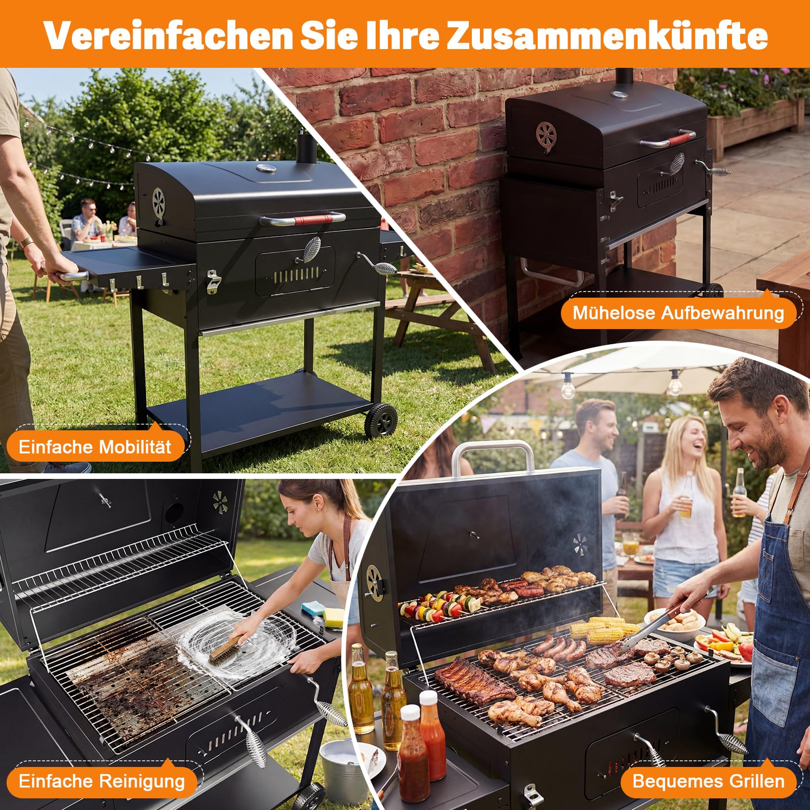 DEVOKO Parrilla de carbón XXL, barbacoas de carbón con tapa, barbacoa grande para balcón, jardín, exterior, barbacoa con parrilla de 71 × 43 cm/termómetro/pinzas para pescado/bandeja para barbacoa