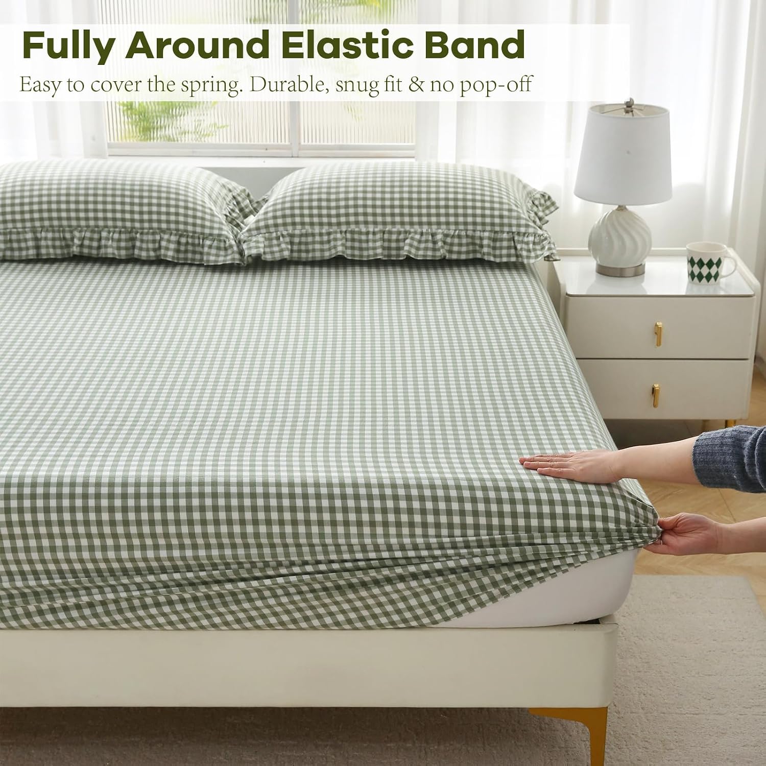 Sage Green Gingham Ruffle Sheets Queen Size 4-Piece Set