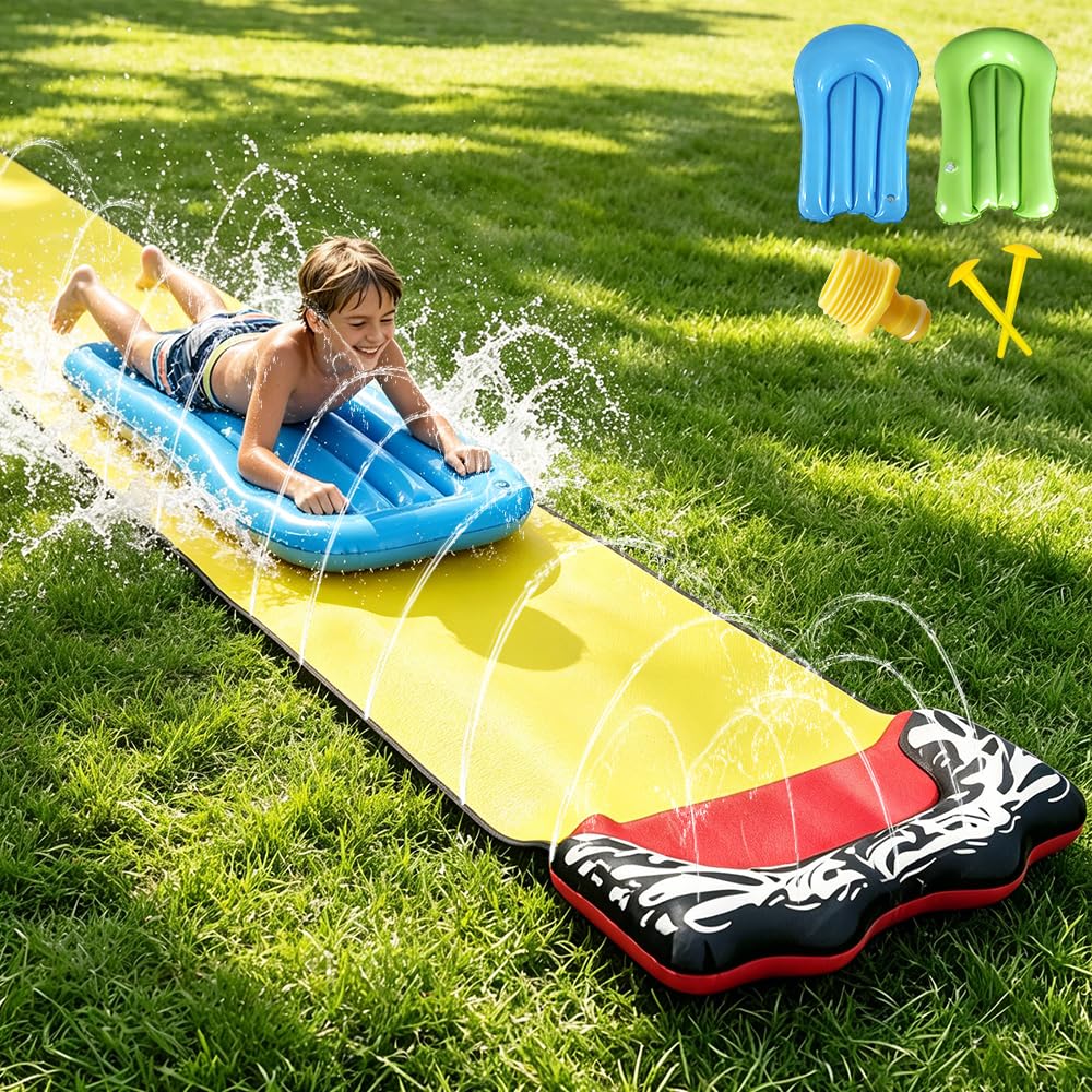 CLIUNT Water Slide Mat, 15.7ft/480cm Lawn Water Slides for Kids, Slip and Slide Water Slide With 2 Bodyboards, Build in Sprinkler, for Kids Adults Outdoor Water Play Activities (Yellow)