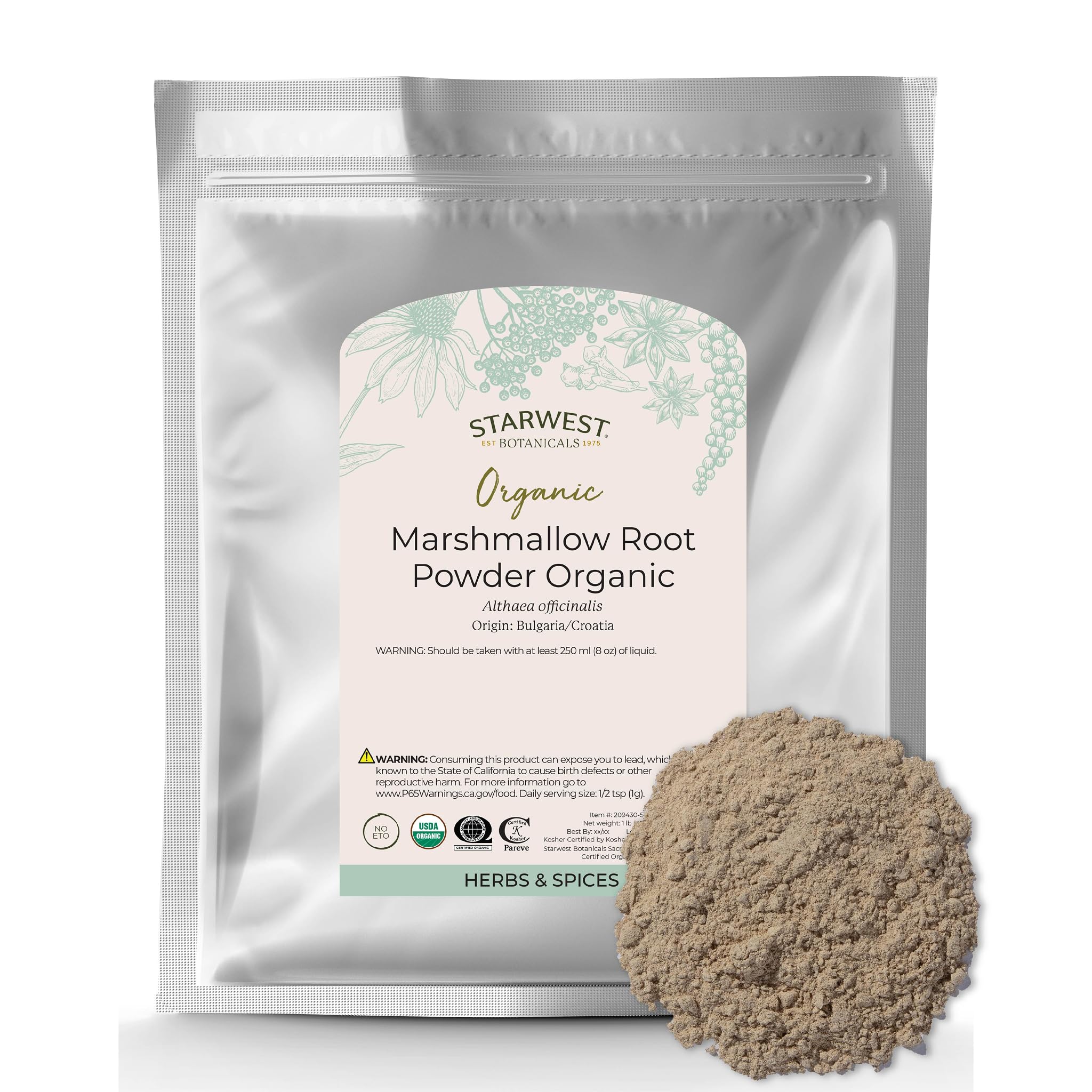 Starwest Botanicals Organic Marshmallow Root Powder - Dried Herb for Tea, Capsules, & Herbal Blends, Certified Kosher, Non-GMO - Bulk 1 lb Bag