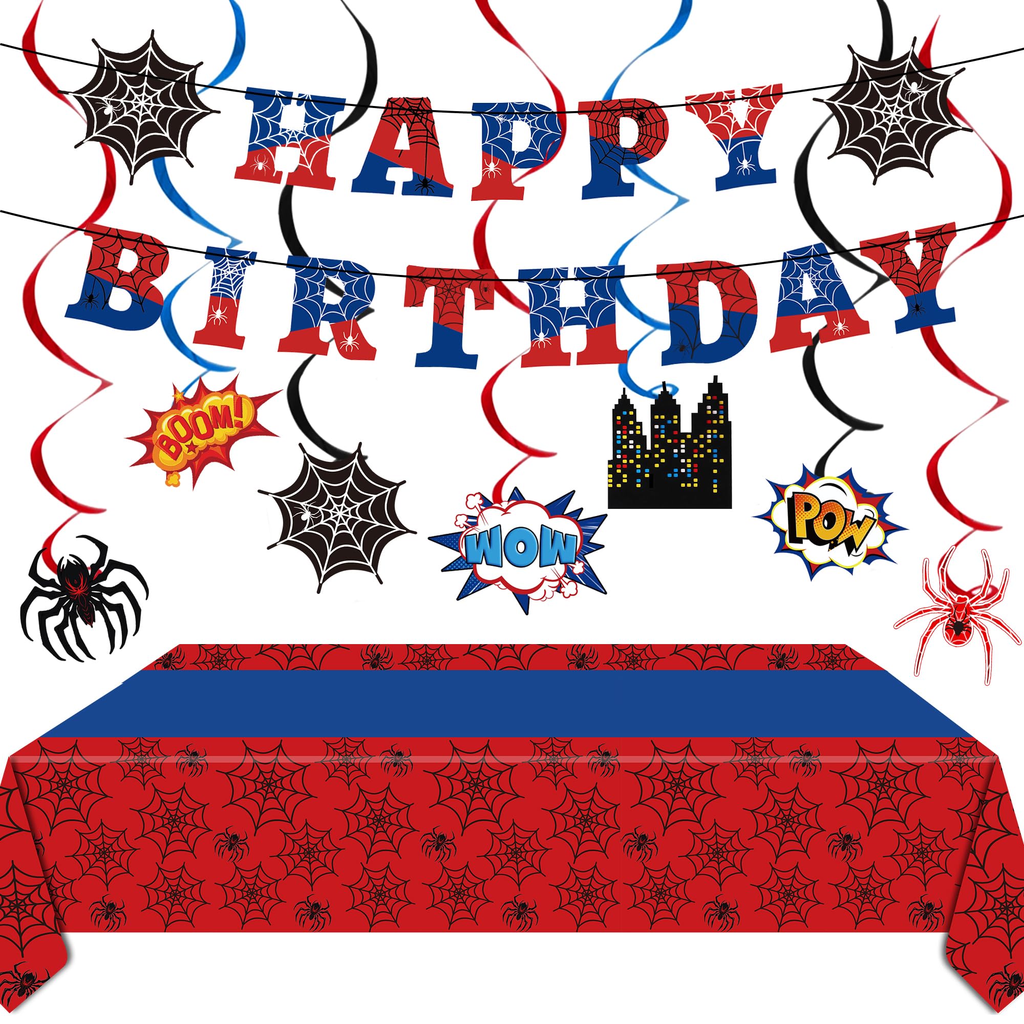 Spider Party Decorations Spider Web Themed Tablecloth Happy Birthday Banner Hanging Swirls for Baby Shower Spider Birthday Party Supplies (Spider,