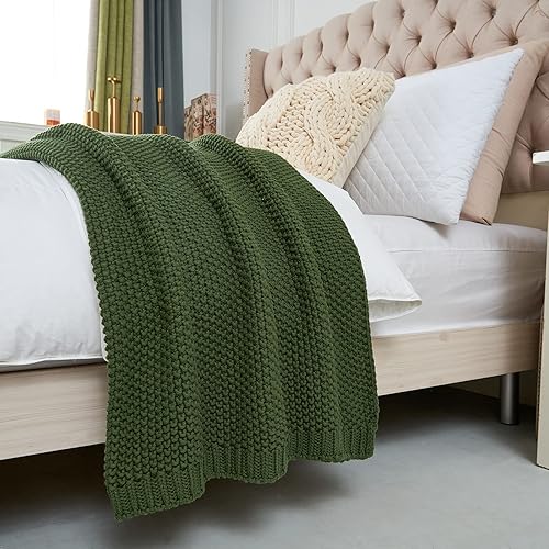 Miniatura 8 de Longhui bedding Manta de punto trenzado grueso, ligera, color verde oliva, 100% algodón orgánico, para sofá, cama, guardería, rústico, desgastado y