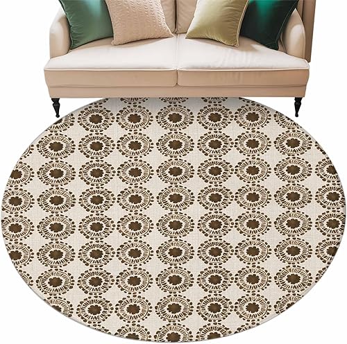 Miniatura 2 de 7ft Round Rug, Ethnic Floral Non-Skid Rubber Backing Large Area Rugs - Living Room Bedroom Home Office, Retro Tribes Watercolor Flowers Beige Indoor