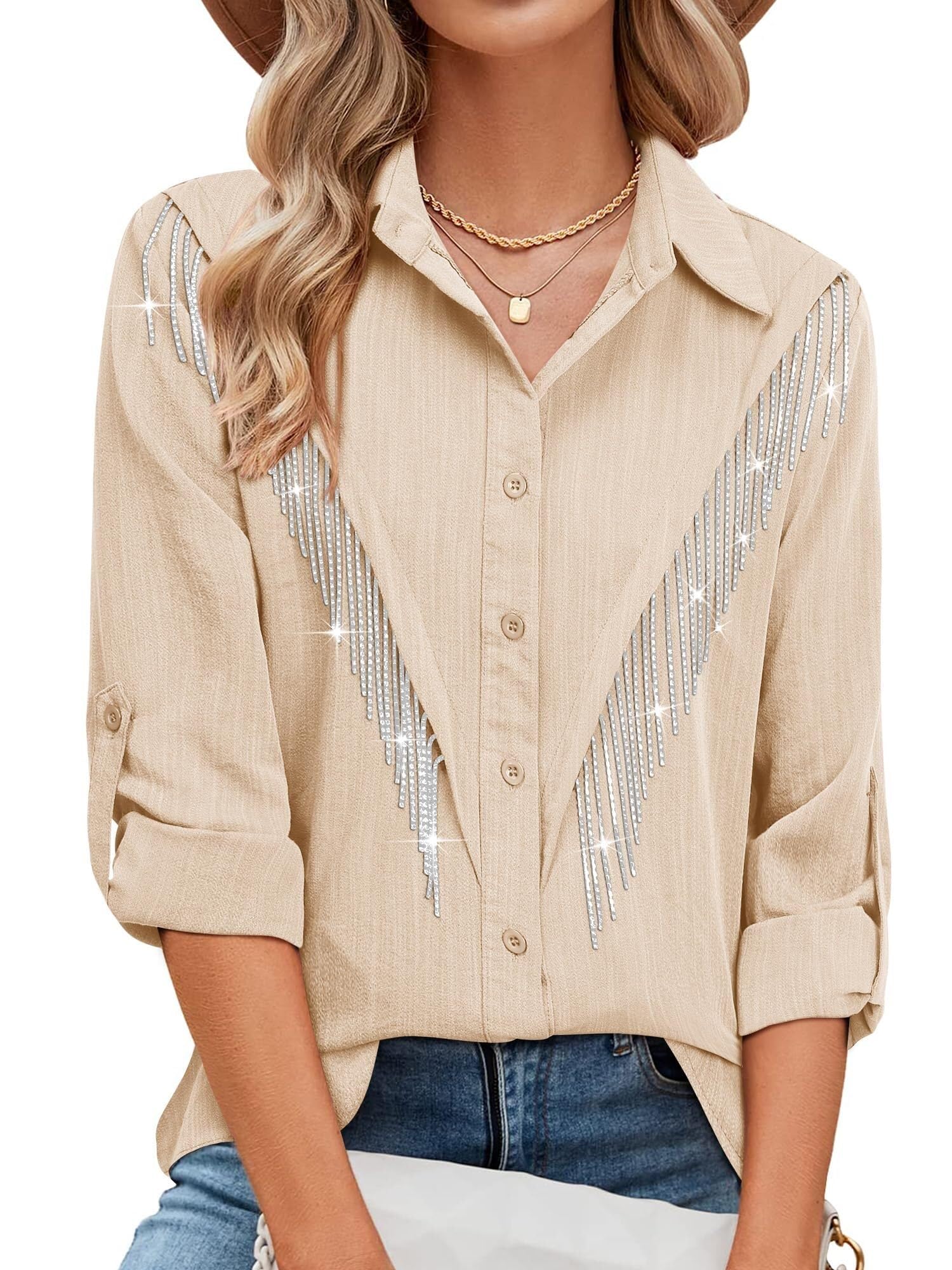 Aria Luxe Womens Rhinestone Fringe Button Down Shirt Rolled 3/4 Sleeve Sparkly Top Concert Nashville Western Cowgirl Outfit(D-apricot,L)