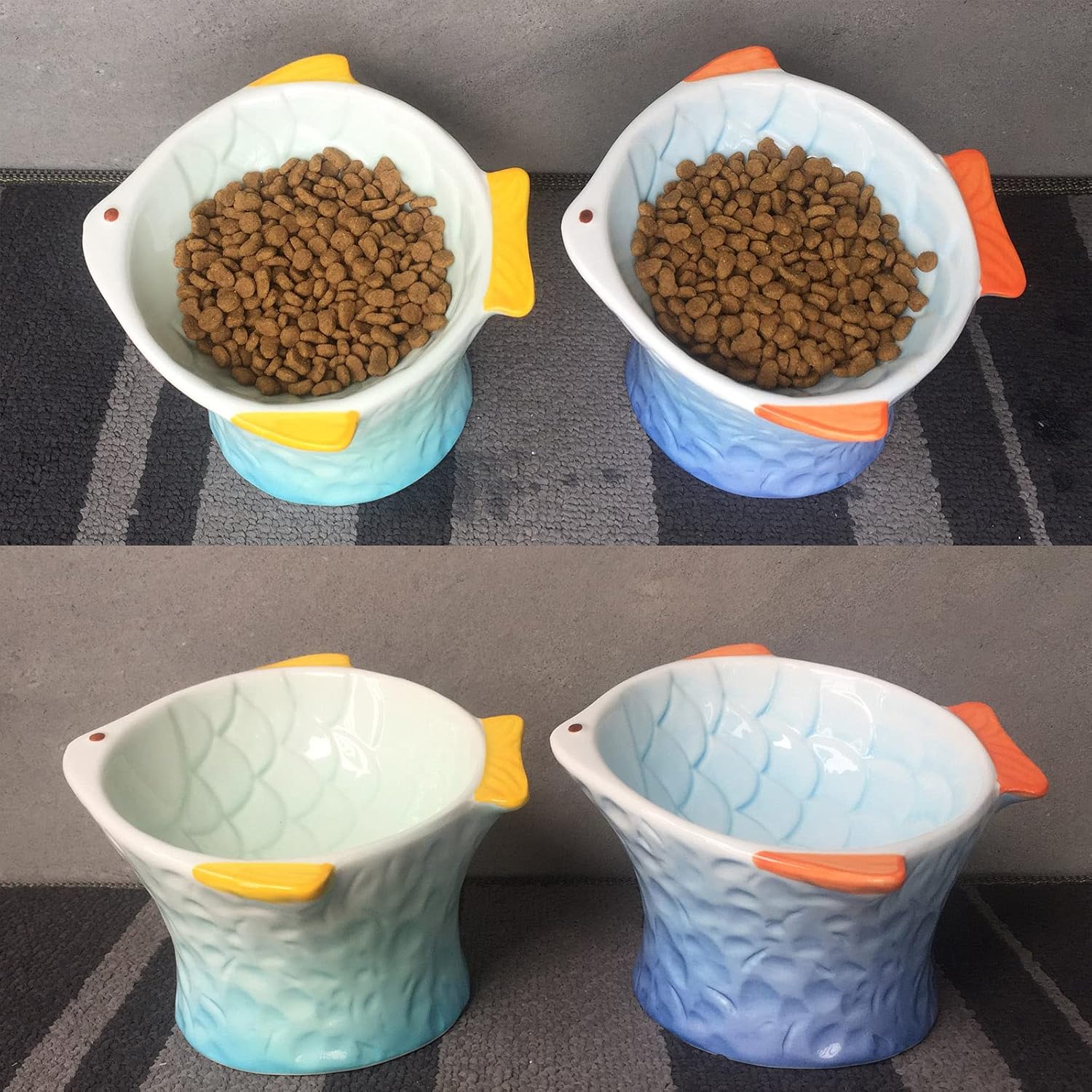 Raised Tilted Ceramic Cat Food Bowls, Cute Fish Shape Elevated Slanted Shallow Angled Cat Dish, Personalized Pet Feeder for Kitten Dry Wet Treats, Ergonomic Anti Vomiting Whisker Fatigue Relief