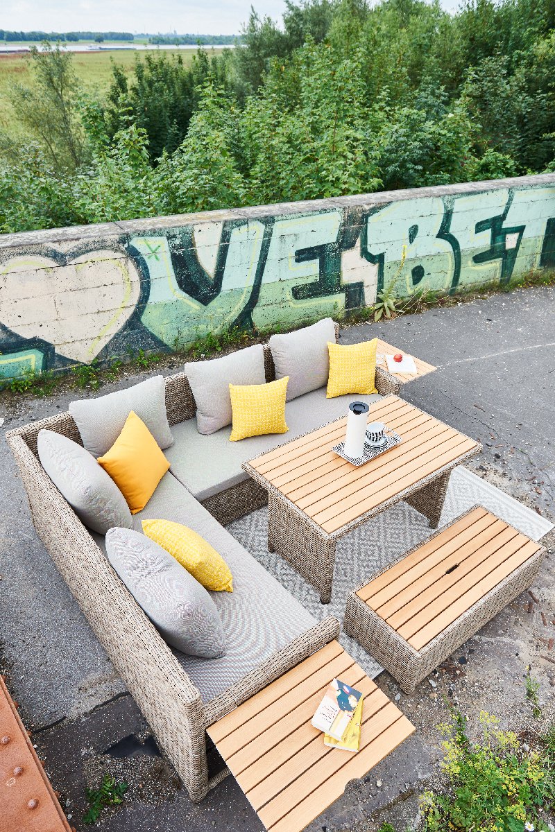 greemotion Salon de Jardin Terrasse Verona en Résine Tressée et Bois d’Acacia 100% FSC, Canapé d’Angle Gris 7 Places, Ensemble de Jardin Modulable avec 1 Table de Jardin, 1 Tabouret et 2 Canapés