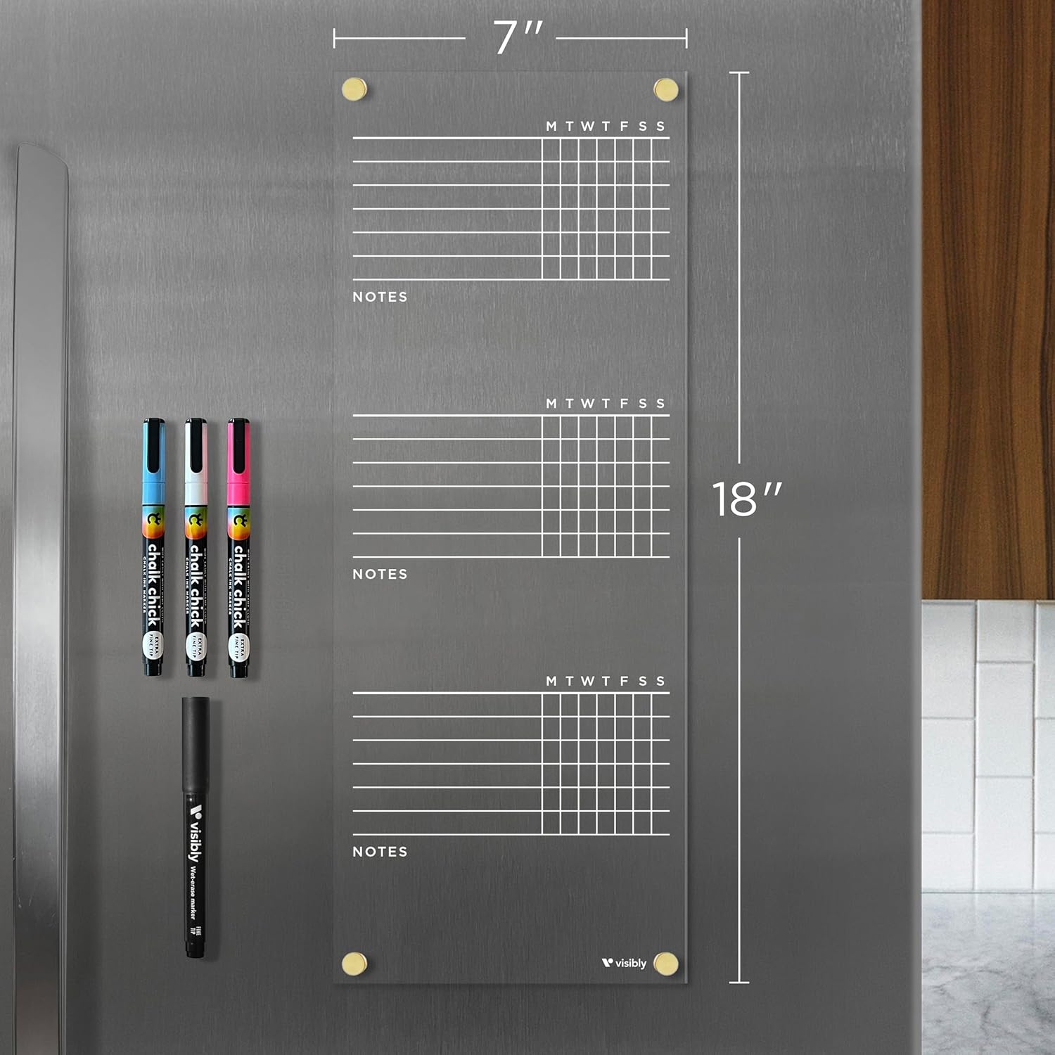 Magnetic Acrylic Chore Chart for Fridge - 7” x 18” Wet-Erase Task Board with 4 Magnetic Markers, Clear Reusable Refrigerator Organizer with Gold Magnets