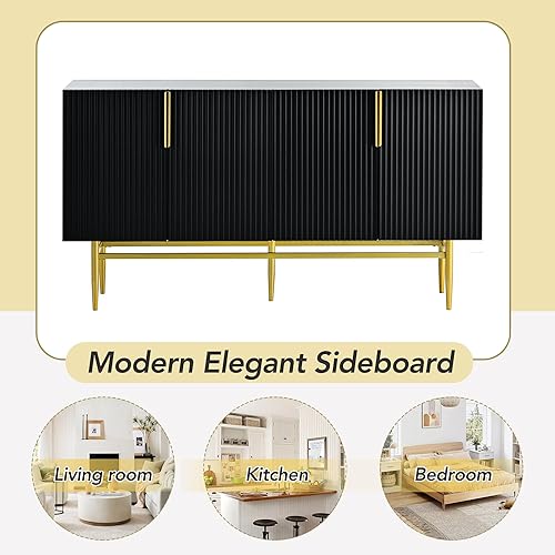 Miniatura 3 de Aparador moderno y elegante de 4 puertas, gabinete de buffet con mango de metal dorado para comedor, sala de estar, dormitorio, pasillo (negro)