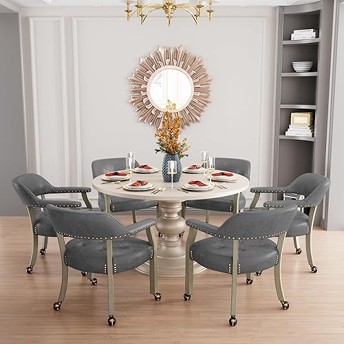 Miniatura 74 de Juego de 4 sillas de cuero de comedor con ruedas y brazos, silla de capitán Accent con ruedas, sillas de madera con ruedas enrollables para cocina y