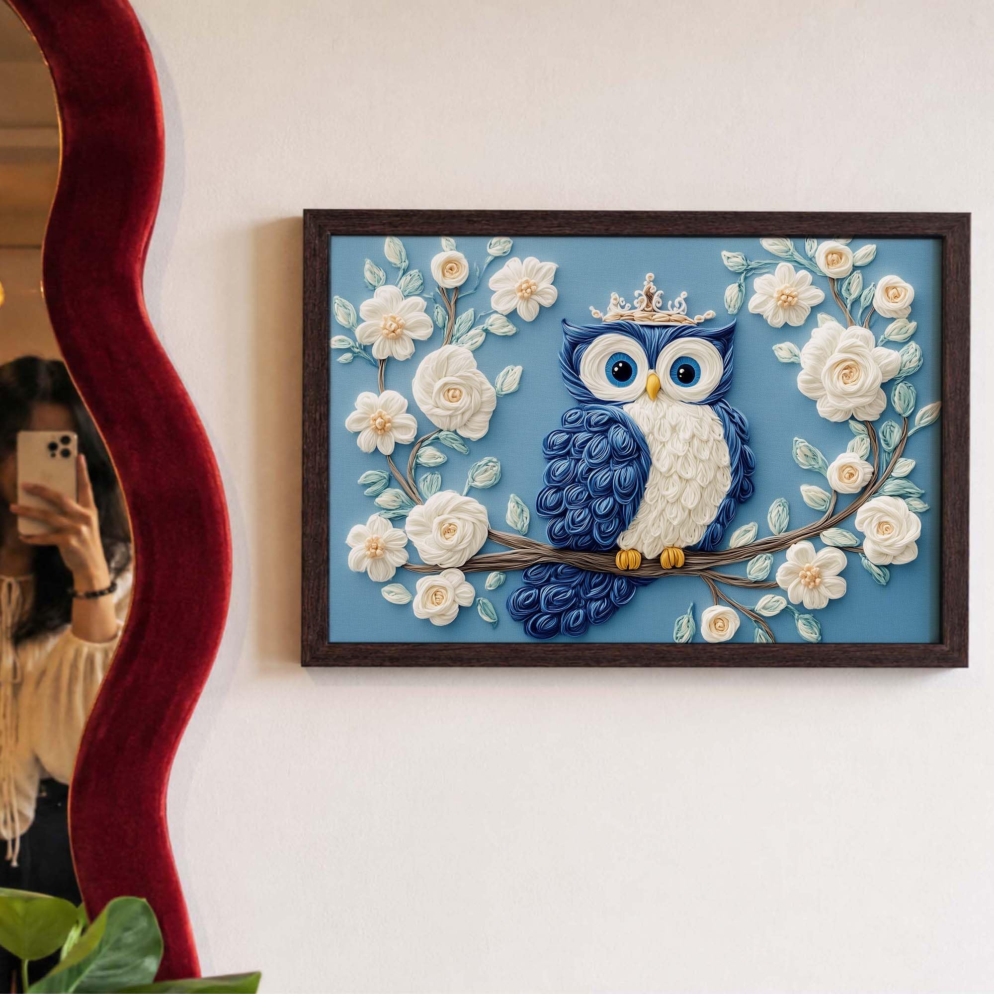 ROYAL BLOOM OWL - PAPER PAJAMA - Cute Blue Owl Floral Framed Wall Art for Kids Room & Bedroom | Whimsical Nature Bird Illustration | Decorative Painting - 10x13 Inches 3