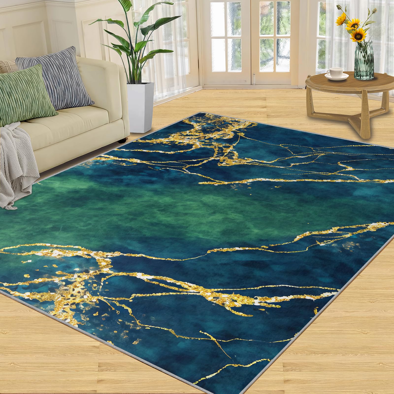 Tapis de marbre vert émeraude doré pour salon, 100x150 cm, tapis de luxe à motif géométrique abstrait pour chambre, tapis de cuisine antidérapant et lavable, tapis à poil court et doux pour