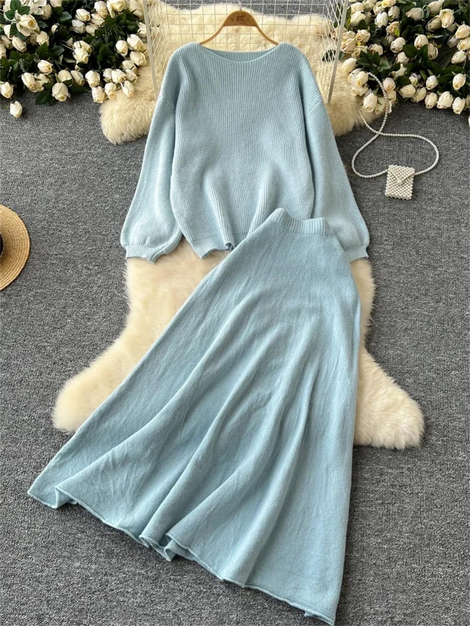 Maglione da donna 2 pezzi set inverno sciolto top + gonna elastica in vita da donna basic gonna abiti casual