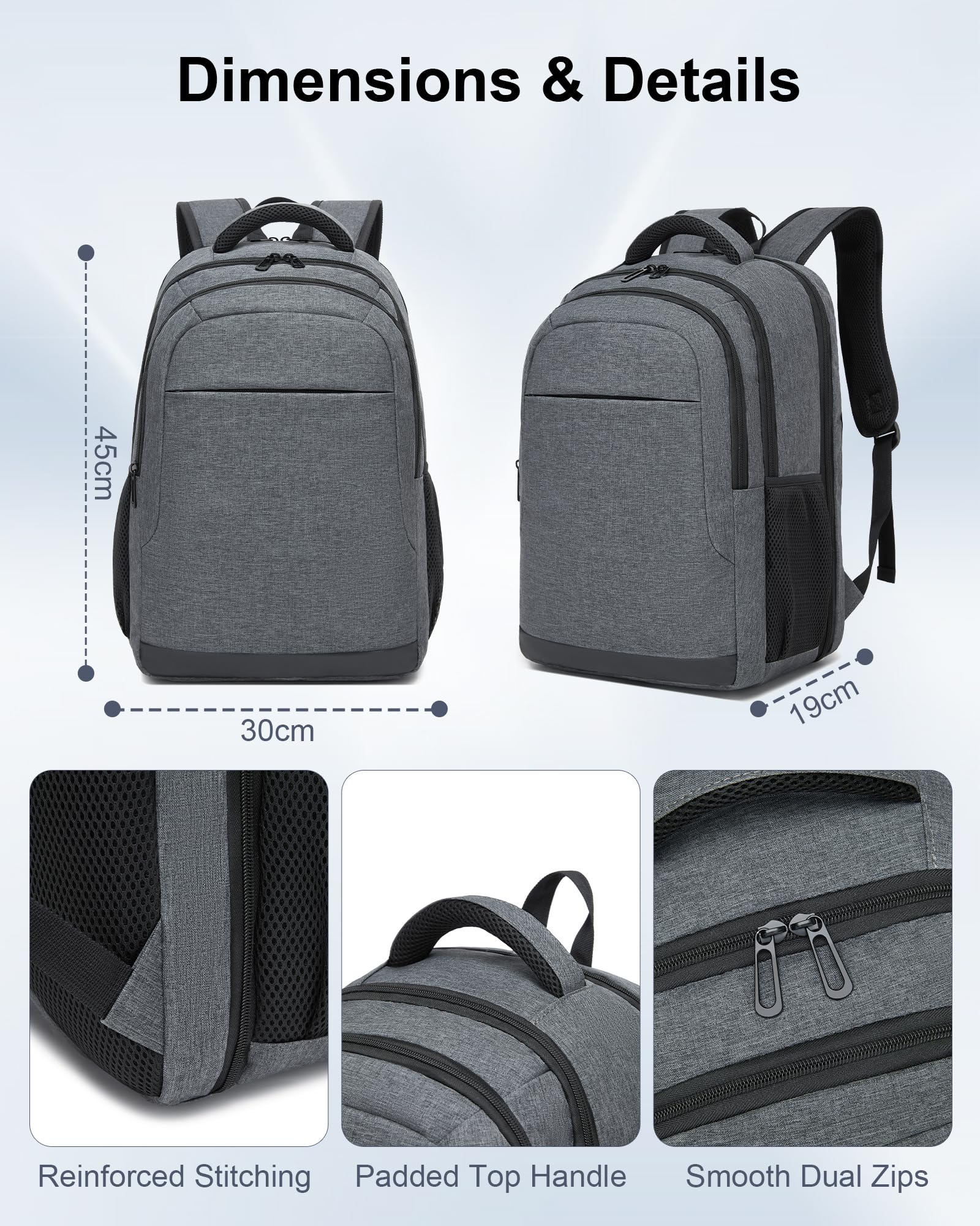 Mochila Portátil 15,6 Pulgadas Hombre Mujer, Mochila Trabajo con Compartimento PC Apertura Completa, Ligera Antirrobo para Viaje Oficina Universidad Diario (Gris)