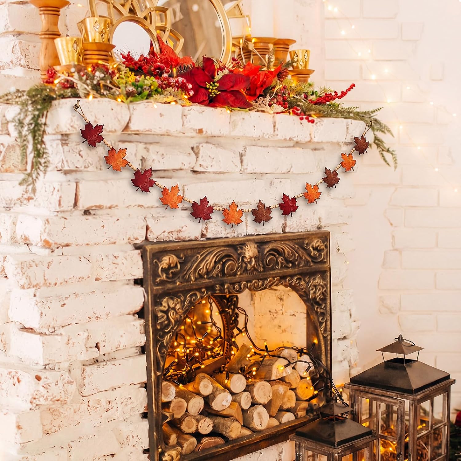 Vicenpal 6.8 ft Fall Wood Bead Garland Decor with Maple Leaf Autumn Banner