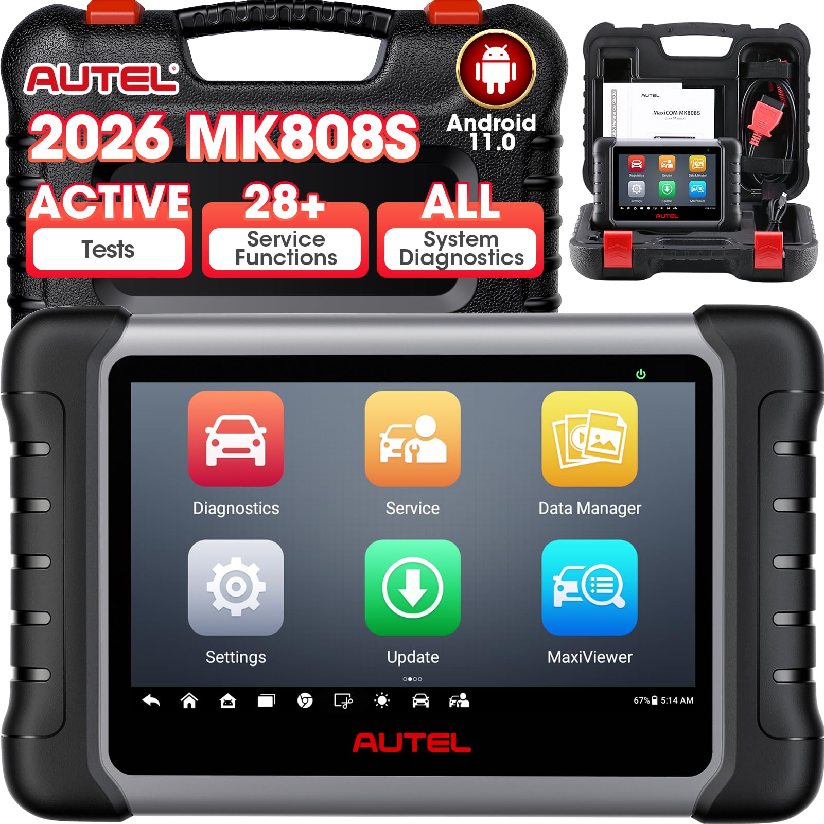 Autel MaxiCOM MK808S Scanner, 2026 Bidirectional Scan Tool as MK808BT Pro MX808S MK808Z, Work as MaxiCheck MX900 MK900 MK900BT, 28+ Reset, 3K+ Active Test, FCA AutoAuth, OE All System Diagnostic,OS 11