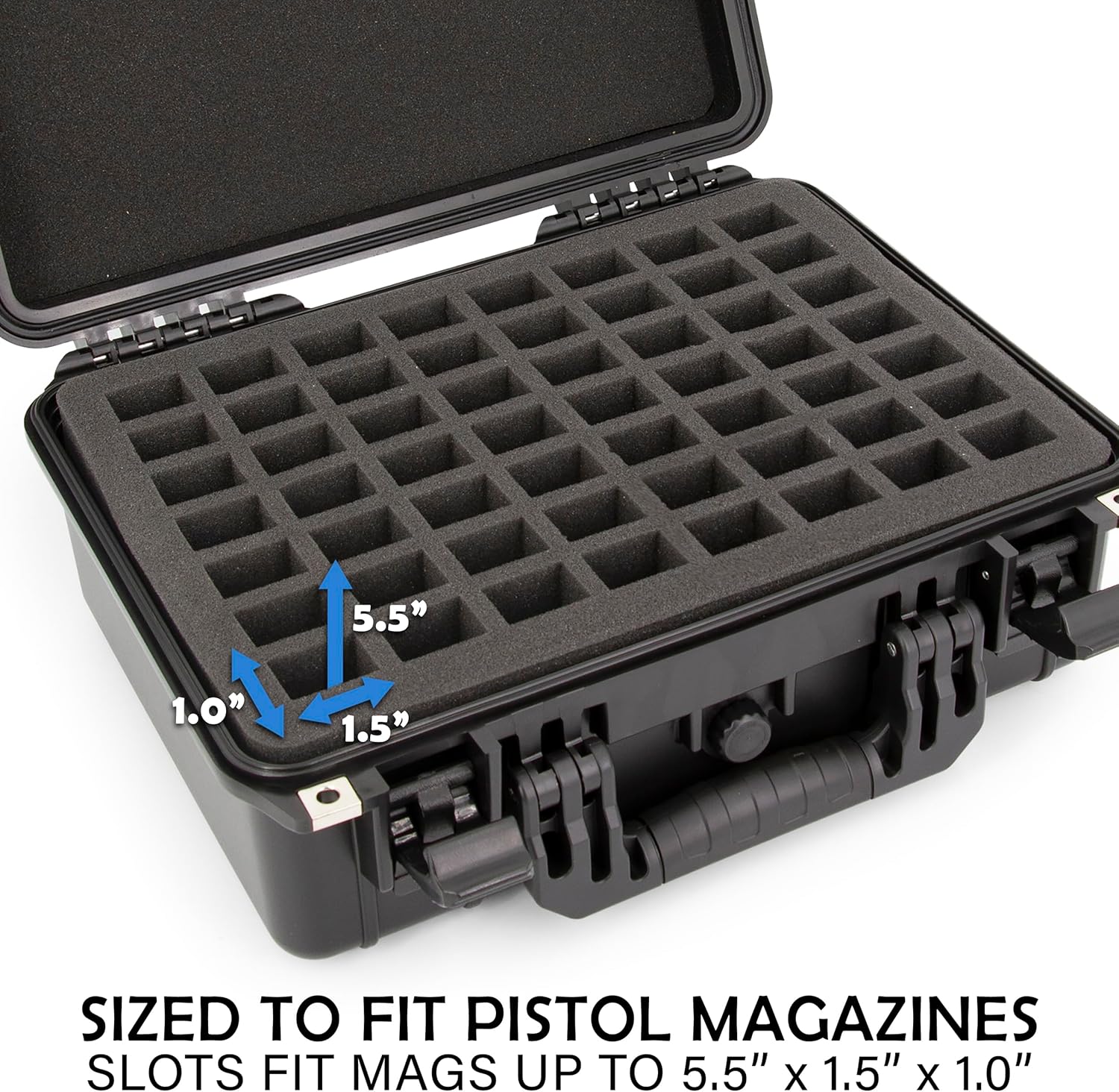 CASEMATIX 56 Pistol Magazine Storage Case - TSA Approved Waterproof Gun Magazine Storage for 9mm Magazines up to 5.5", Remove Foam Slots to Fit Larger Single Stack or Double Stack Pistol Clips