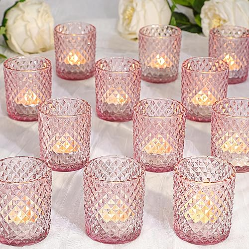 24 portavelas votivas, portavelas de cristal rosa a granel para centro de mesa, velas de té para bodas, fiestas, vacaciones y decoración del hogar