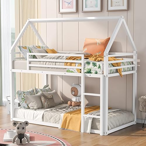 Harper & Bright Designs Litera de casa individual sobre cama individual con escalera incorporada, litera baja de metal para niños y niñas, color