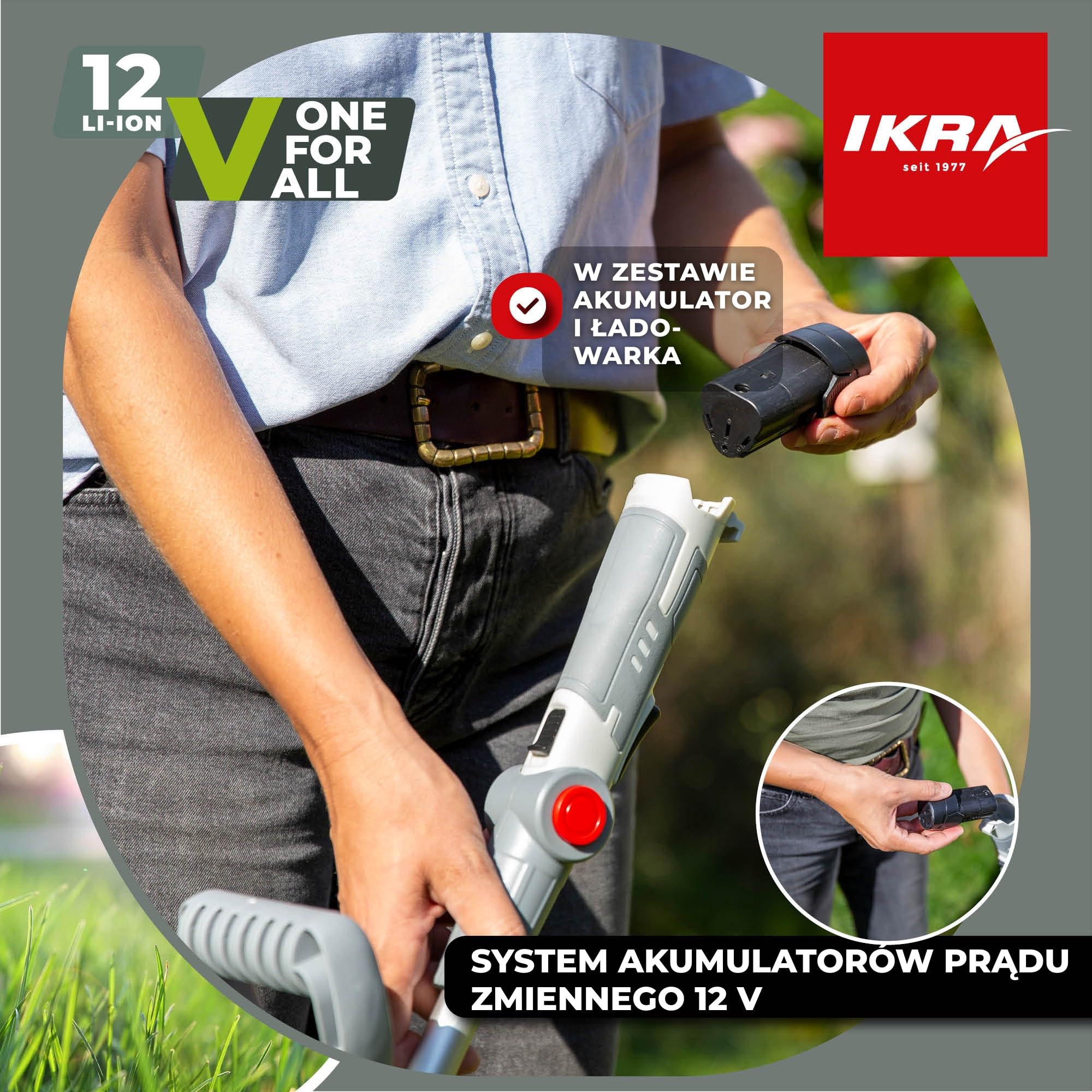 IKRA Podkaszarka IART 1224 z akumulatorem, ładowarką i 20 ostrzami | Lekka:1,5 kg,szerokość cięcia 24 cm,uchwyt 4-stopniowy,kompatybilna z rodziną akumulatorów IKRA 12 V