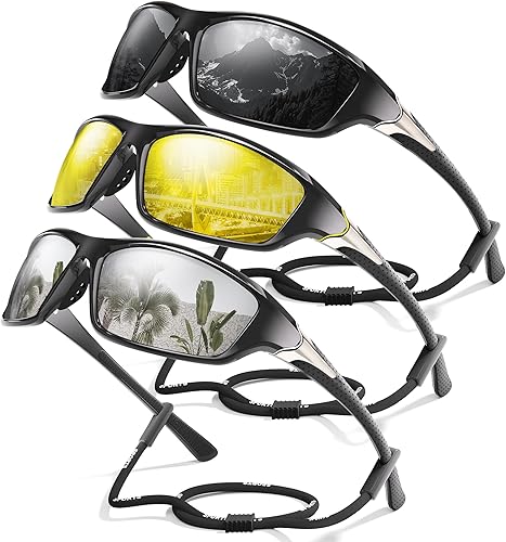 Miniatura 32 de Paquete de 3 lentes de sol deportivos polarizados para hombres, gafas de sol masculinas envolventes con protección UV para ciclismo, pesca y