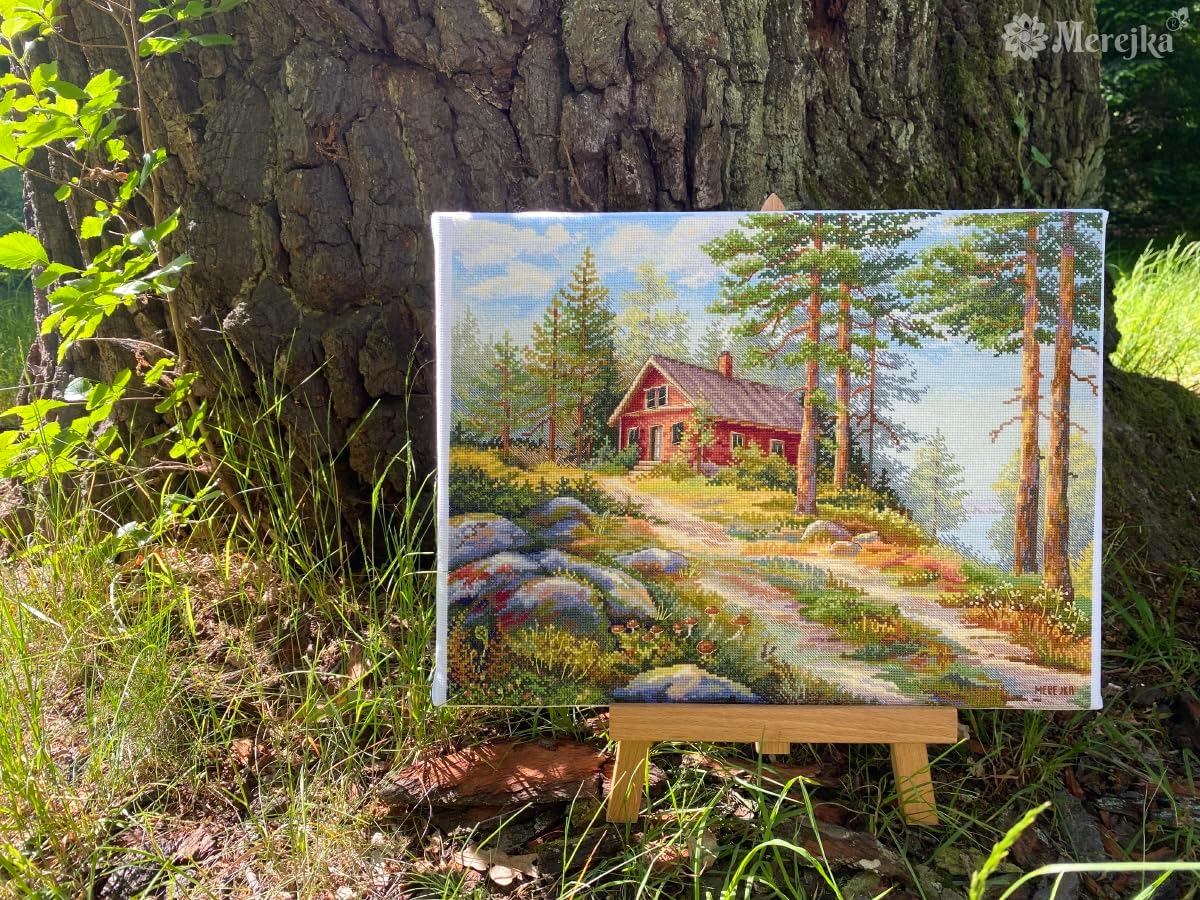 Merejka Counted Cross Stitch Kit Red Cabin in the Woods K-254 — Zweigart Aida 16 White, 41 DMC Colors, Scandinavian Forest Cottage Scene, Finished Size 11.8 x 15.4 in / 30 x 39 cm