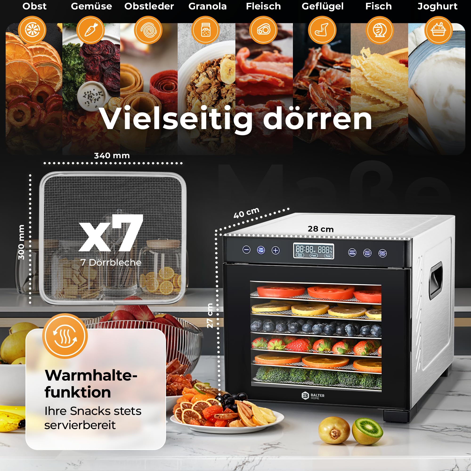 Balter Dörrautomat Edelstahl, Dörrgerät mit 7 Einlegefächern, BPA-frei, 600 W, 35°–75°C, Timer bis 48 Std, Dehydrator, Obsttrockner, Dörrapparat, Warmhaltefunktion, Obst Fleisch Pilze, Rezeptbuch