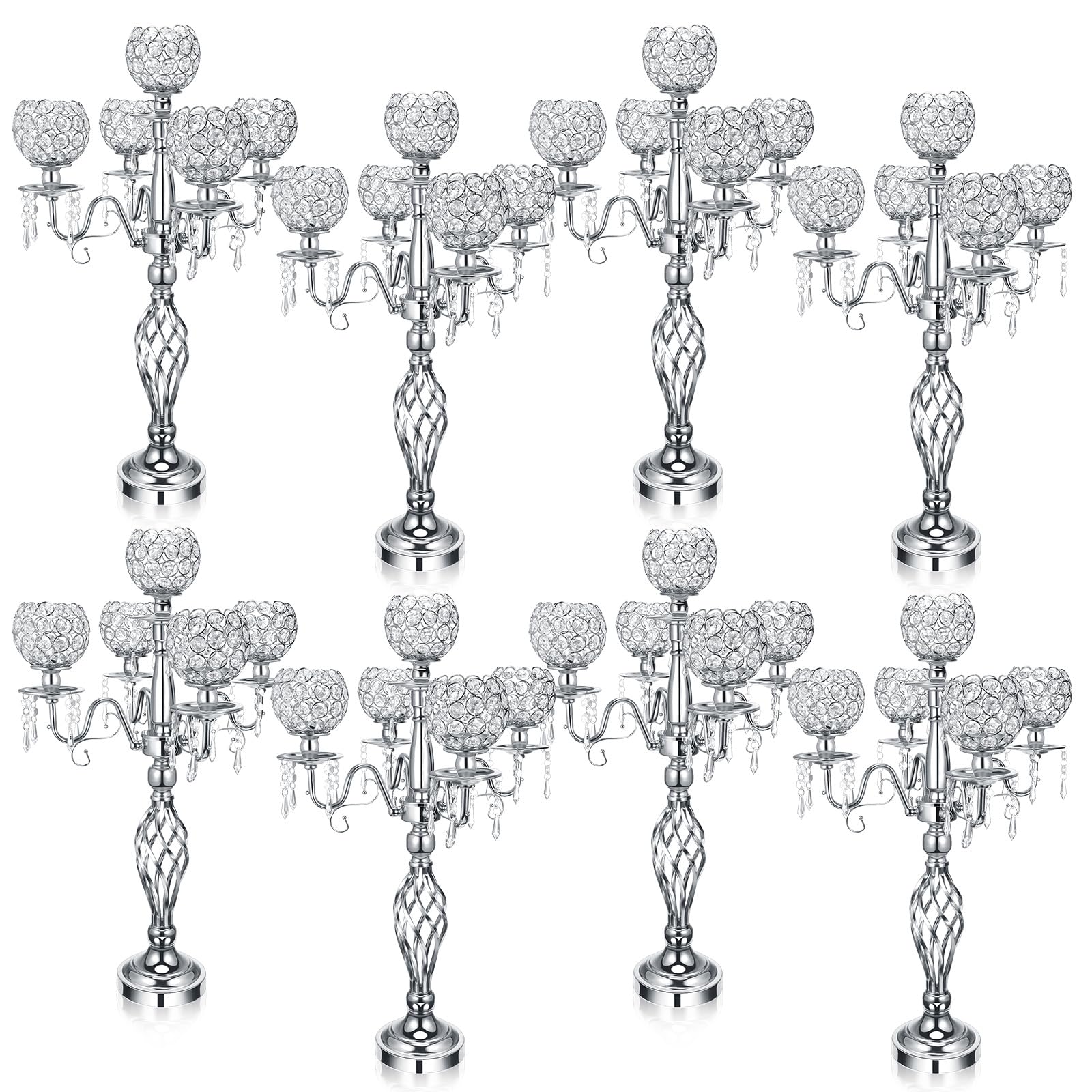 5 Arm Crystal Candelabra Centerpieces for Tables 27 Inch Tall Crystal Candle Holders Bowl Candelabra Table Centerpieces Decor for Wedding Christmas Dinner Party Events (Silver,8 Pcs)