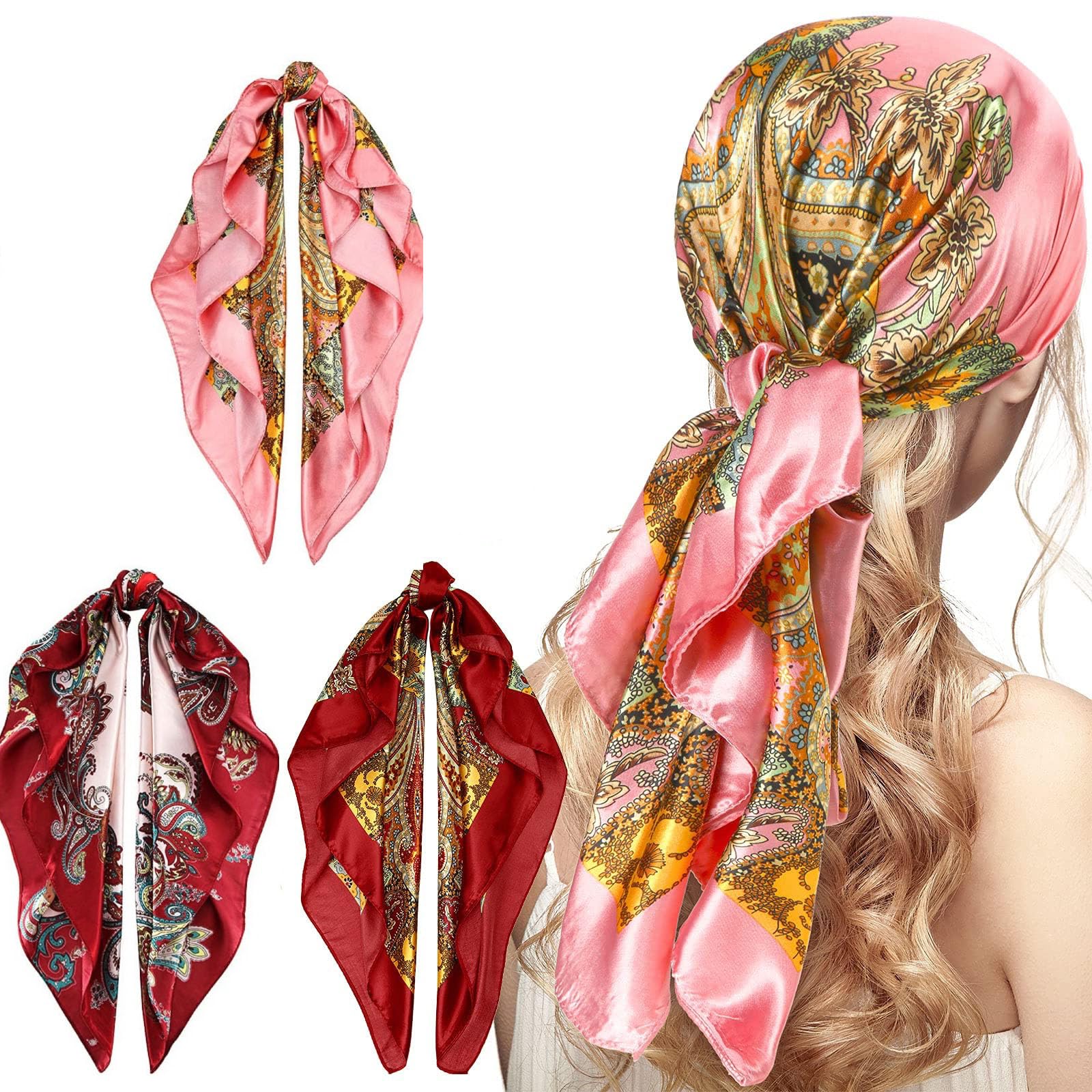 3 Pack Bandana Mujer,Pañuelos Cabeza Mujer, PañUelo Moda Tacto Satinado,Gorro De Seda Para Dormir Cuello,Bufanda de Seda Simulada,para Halloween Carnaval Niños Adulto.