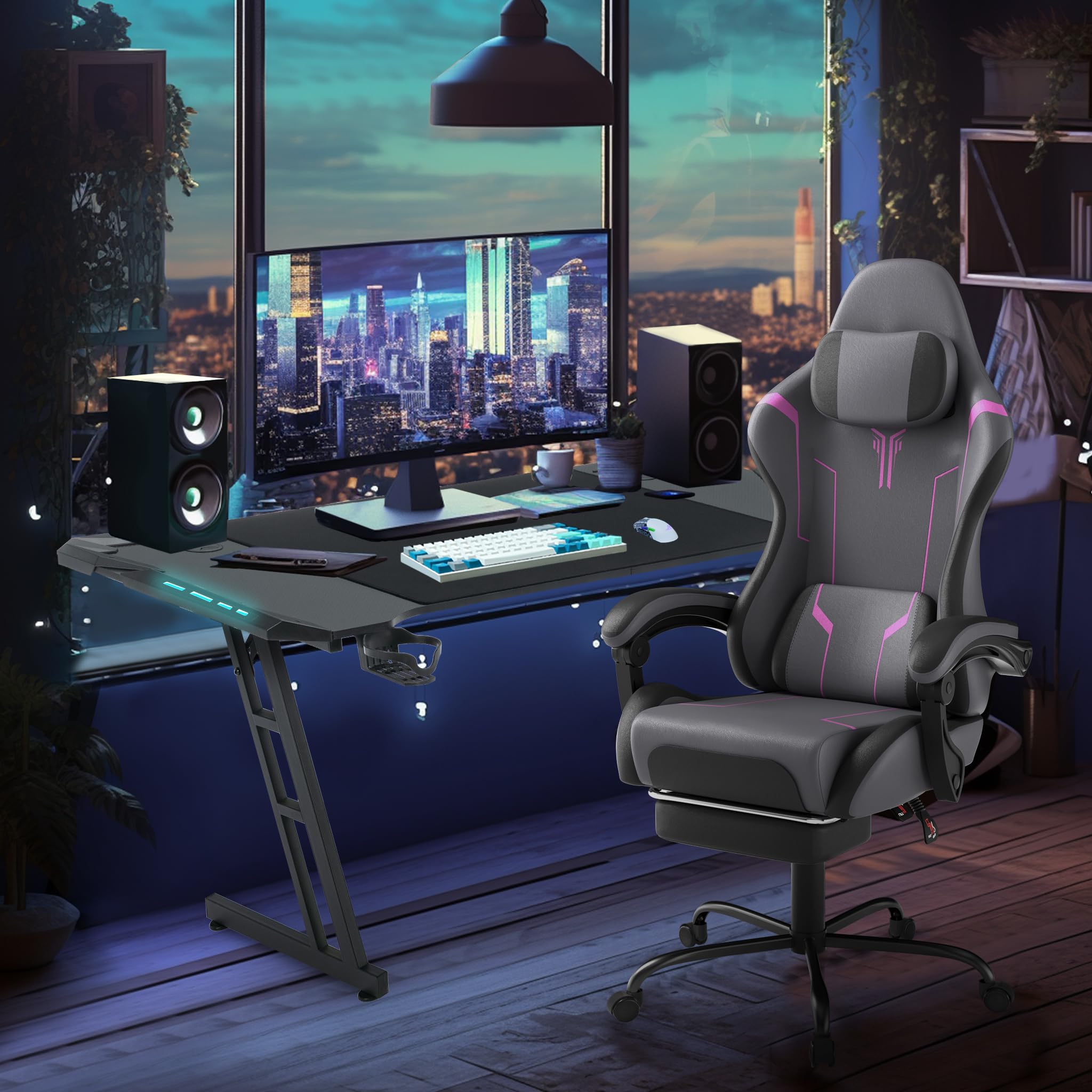 UISEBRT Silla de Gaming Ergonómica con Masaje y Reposapiés, Cómodo Asiento de Gaming Silla de Gaming con Respaldo Ajustable, Reposacabezas y Cojín Lumbar de Masaje - Gris & Negro & Violeta