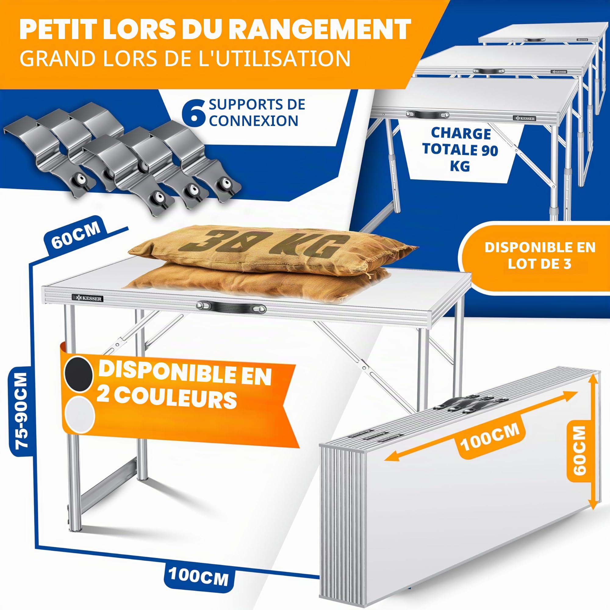 KESSER Table Multifonctions Professionnelle 100 x 60 cm Pliante 30 kg Charge Rallonge