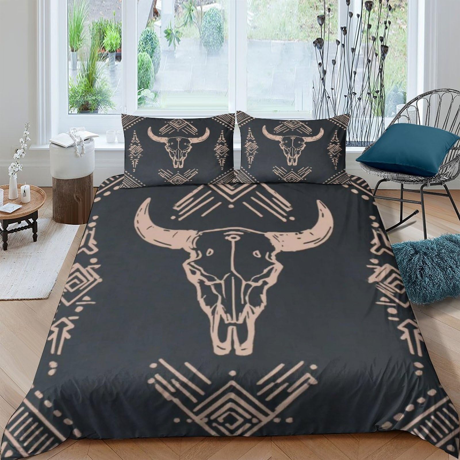 Ctjqhvkz Style-9 3D Printed Bull Skull Fitted Sheet Microfiber Ethnic Geometric Bed Cover For Bedroom Dorm Mattress Protection Decor Single（135X200cm）