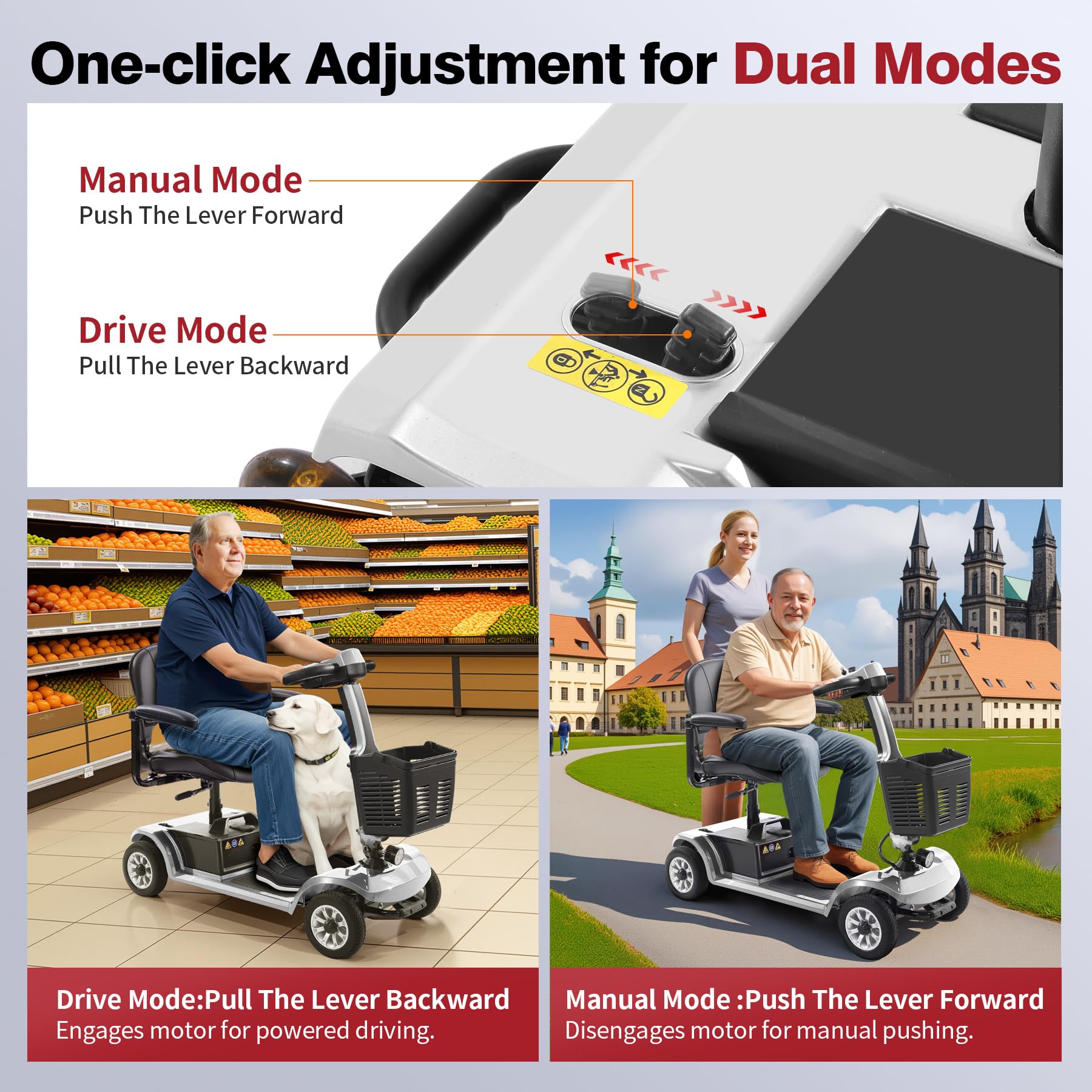 Scooters Eléctricos de Movilidad Vehículo de Movilidad Personal, Ancianos, Batería Extendida de Largo Alcance con Cargador y Cesta (Plateado)