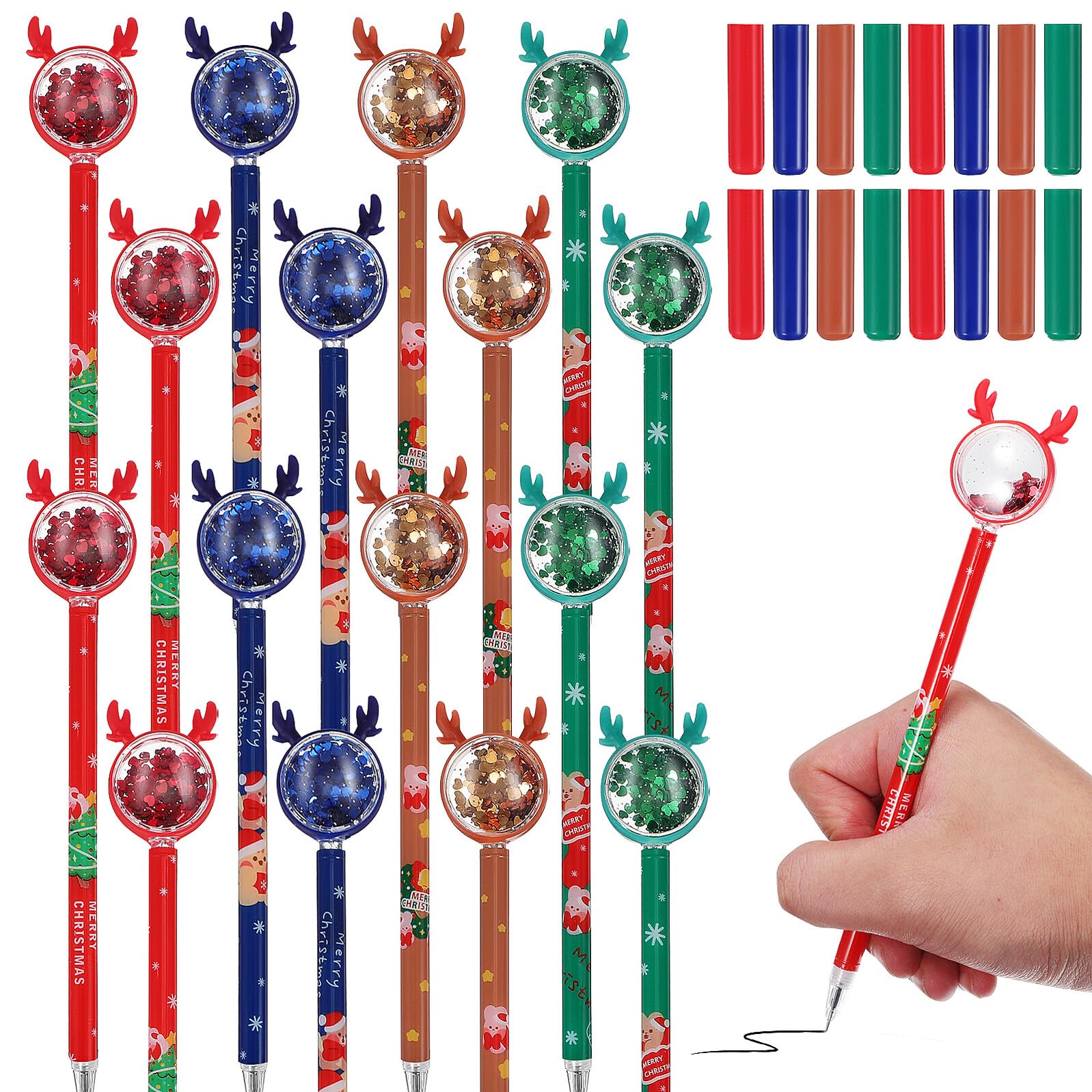 WOONEKY 36 Pièces Lot de Stylos Gel à Encre Fluide Thème Noël avec Toppers Renne Paillettes pour Écriture Lisse et Cadeaux Festifs