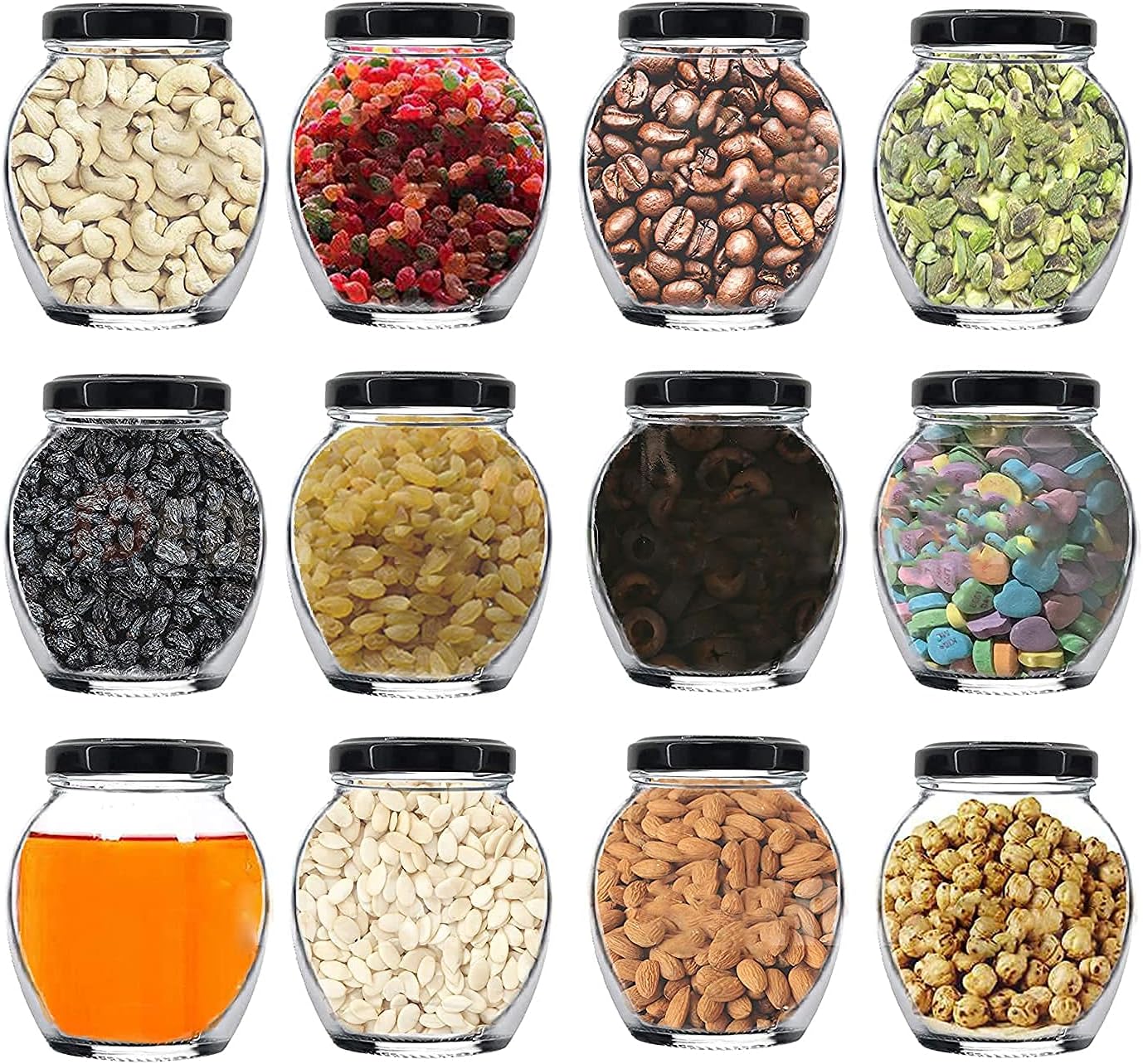 COOZICO Kitchen Storage Glass Jar With Air Tight Black Lid For Kitchen Dried Masala Storage Jar,Honey Jar & Container,Spice Masala Jar,Pot Glass Matka,Visible Glass Jar For Kitchen 400 Ml (Pack of 12)