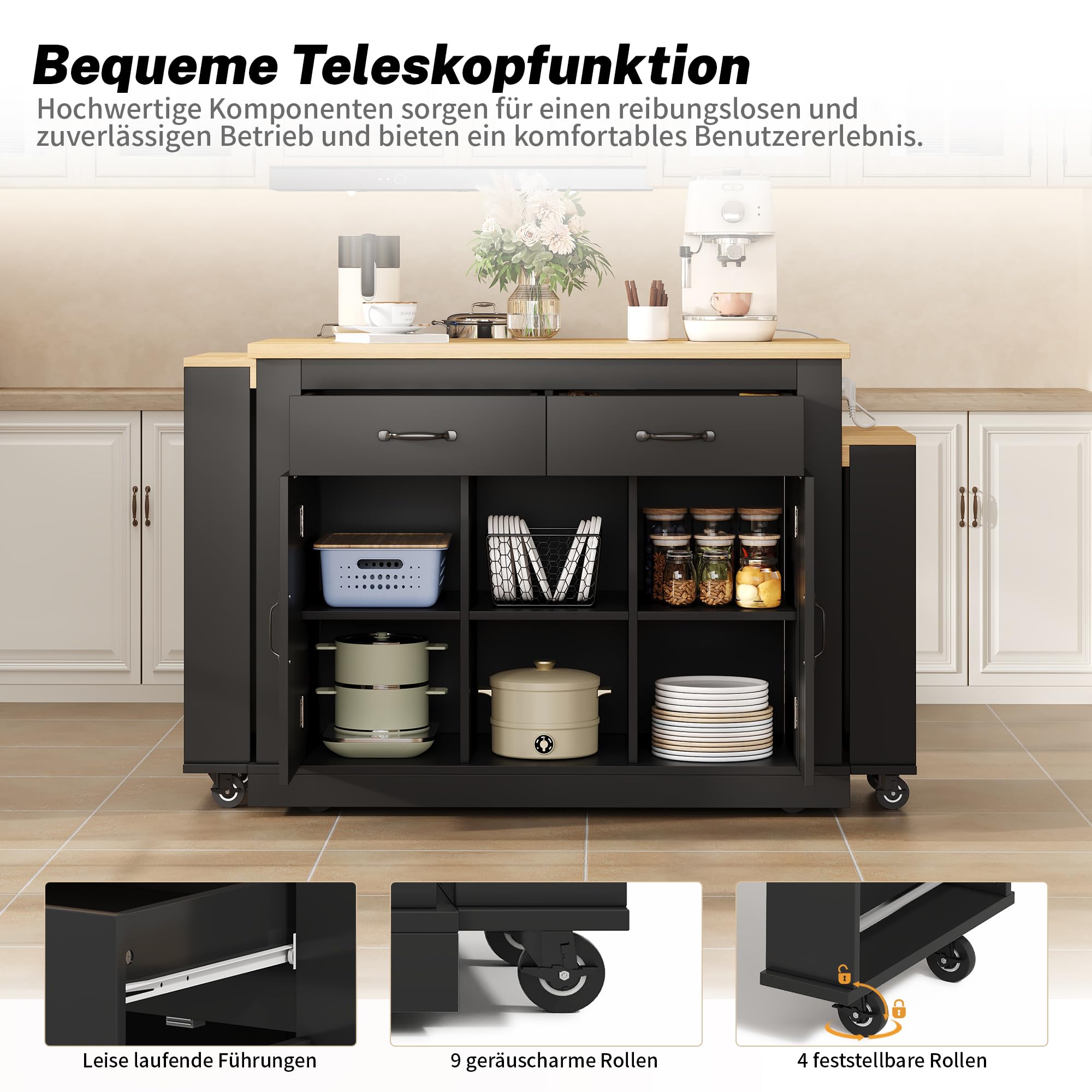 Isla de cocina móvil extensible negra 142-340 cm – Cocina independiente con encimera, enchufes y 2 mesas, mucho espacio de almacenamiento para familias grandes y loft