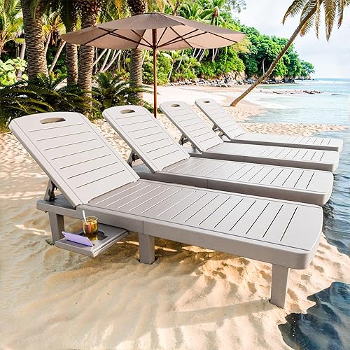 Miniatura 9 de CDCASA Juego de 2 tumbonas para exteriores, sillas de piscina con 5 posiciones ajustables y bandeja lateral, sala de descanso de resina impermeable